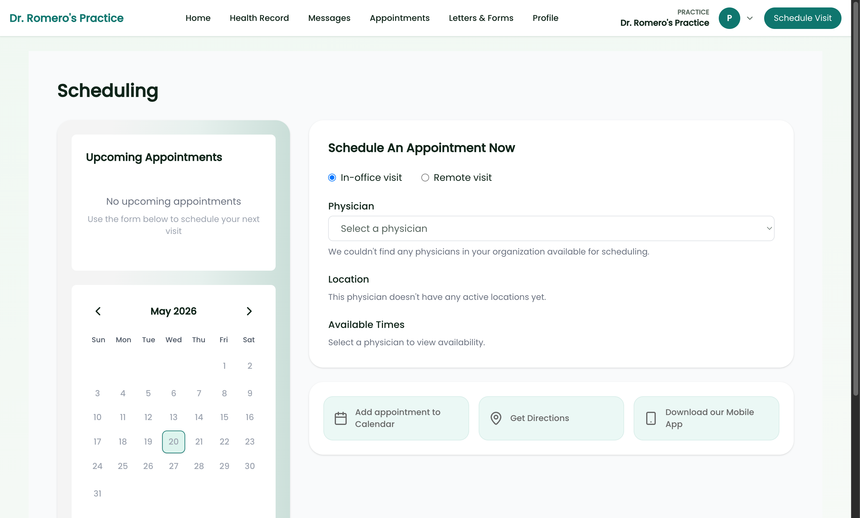Patient portal self-scheduling page