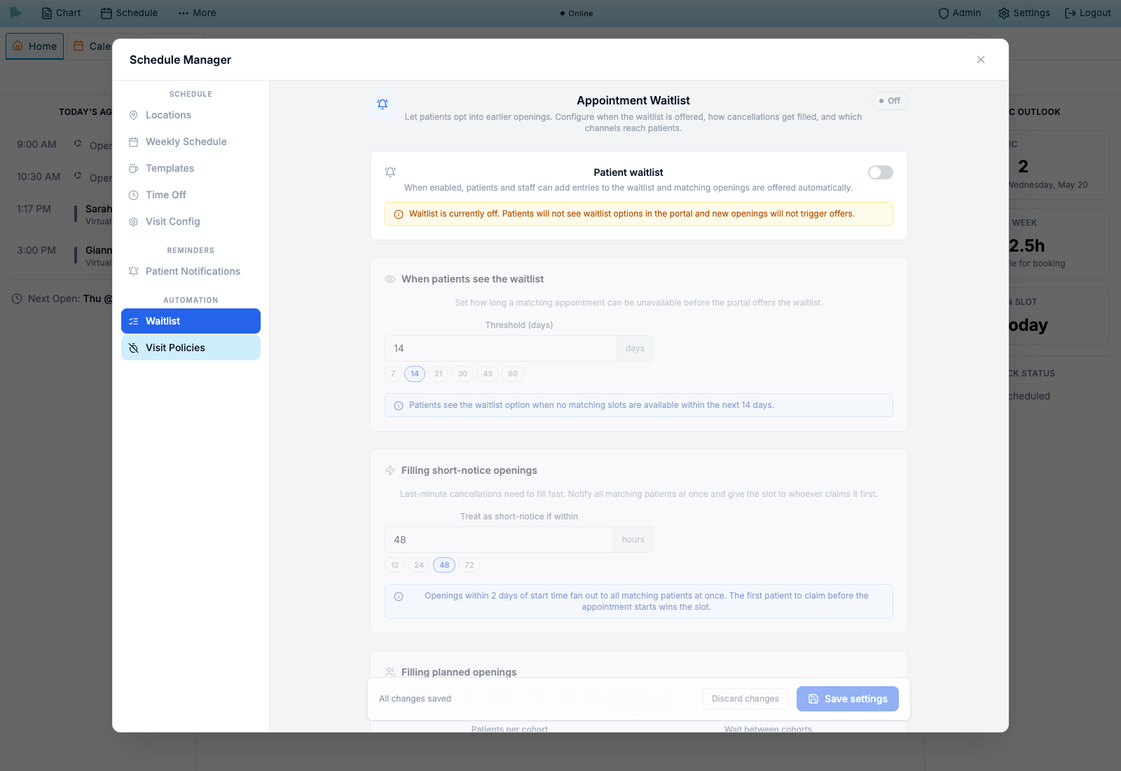 Waitlist settings in Scheduling admin