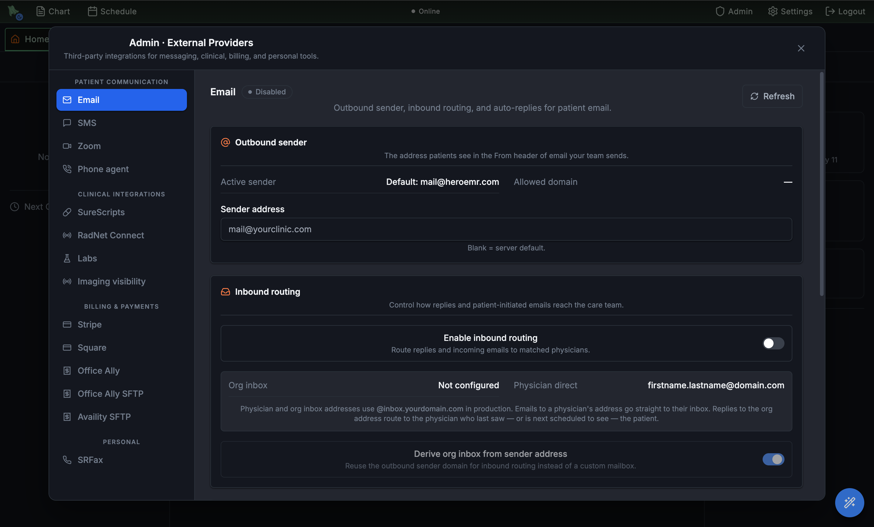 Admin · External Providers modal grouped into Patient Communication, Clinical Integrations, Billing & Payments, and Personal sections with the Email tab open