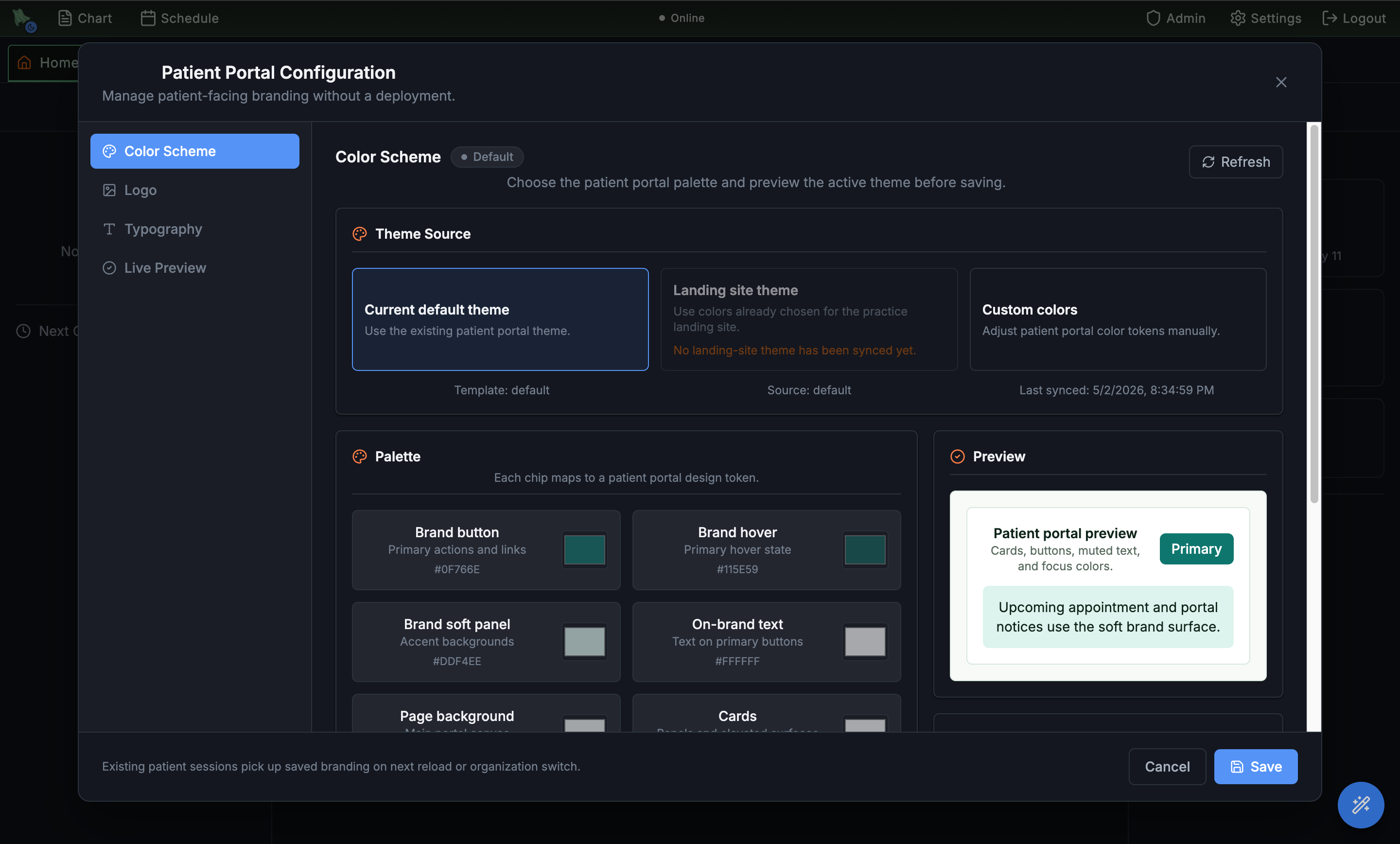 Patient Portal Configuration modal with the Color Scheme tab active, showing Theme Source options, the Palette grid, and a live Preview card