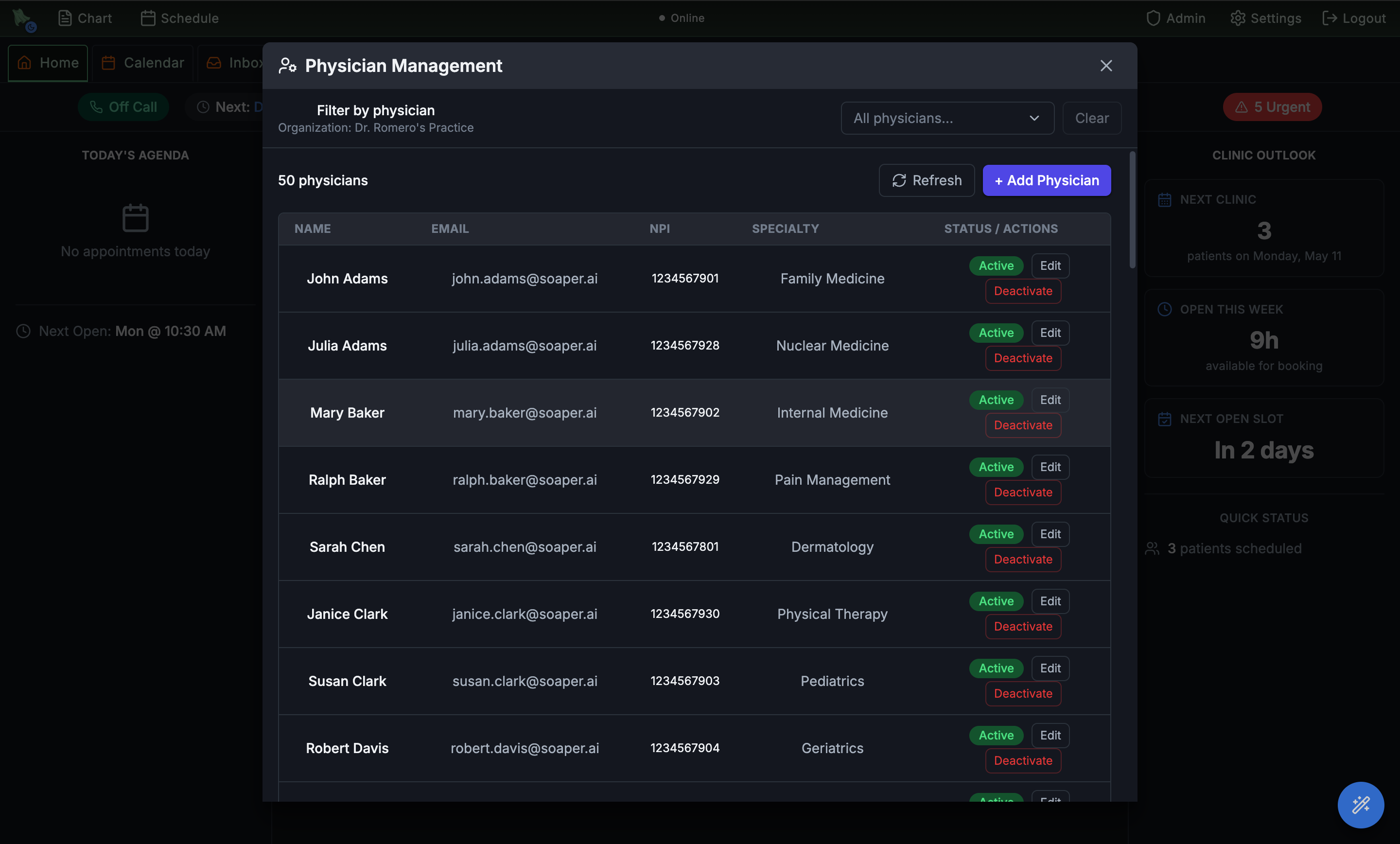 Physician Management modal showing a table of 50 physicians with name, email, NPI, specialty, and Active/Deactivate status badges