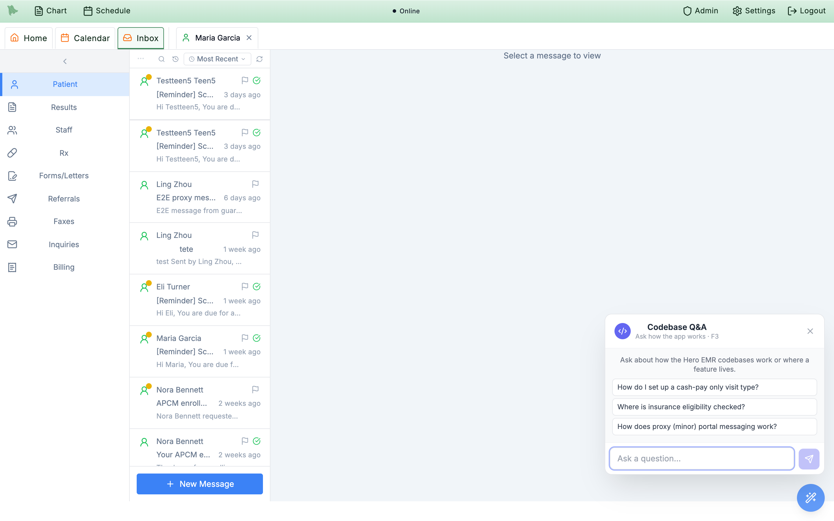 The Codebase Q&A panel docked at the bottom-right with the subtitle Ask how the app works &middot; F3, three sample question buttons, and an Ask a question input