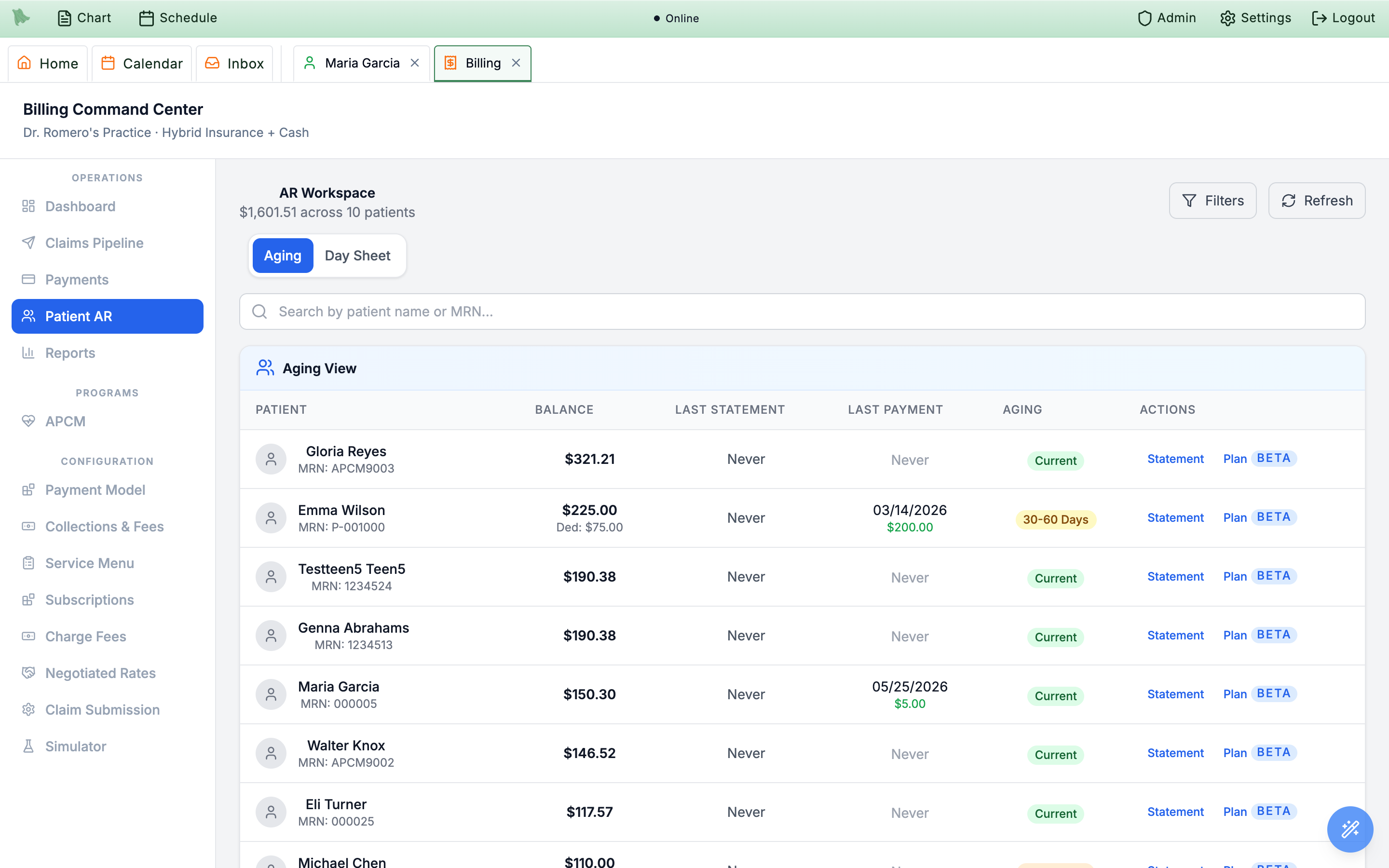 Patient AR tab with the AR Workspace header showing $1,601.51 across 10 patients, the Aging / Day Sheet toggle, and an aging table with patient balances, aging badges, and Statement and beta-badged Plan actions