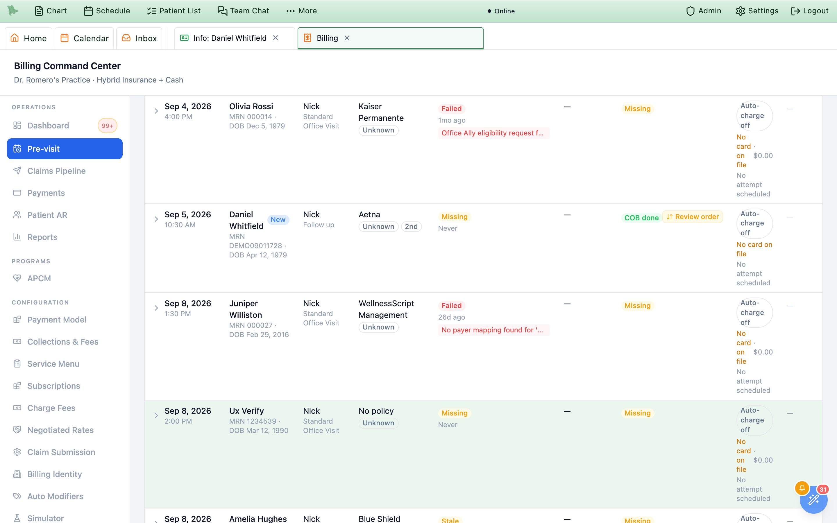 The Pre-visit readiness worklist with a Daniel Whitfield row whose COB column shows a green COB done badge beside an amber Review order button, among neighbouring rows whose COB column reads Missing and whose eligibility column shows Failed with the payer's reason