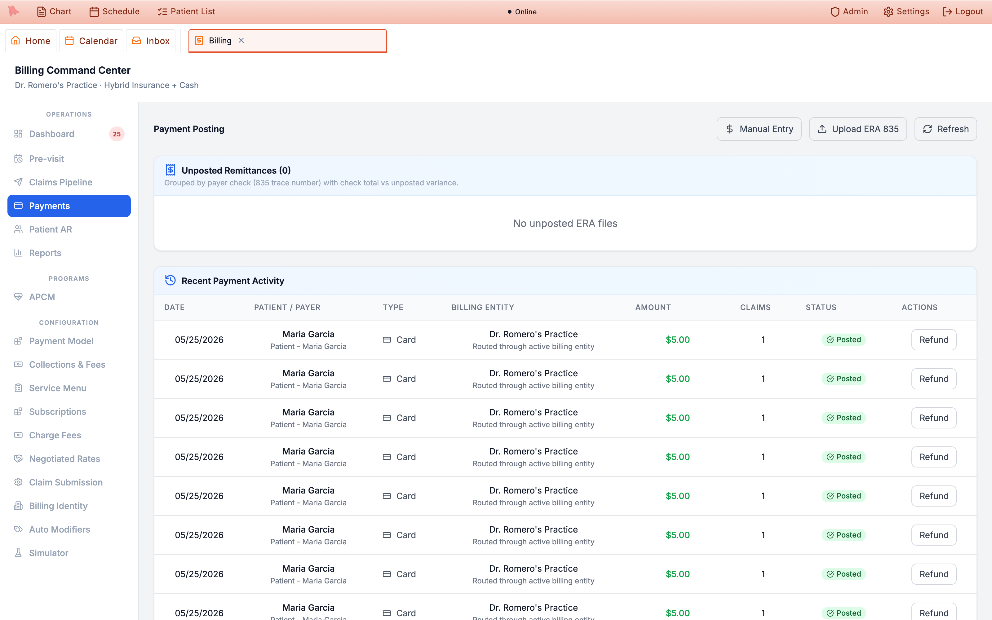 Payment Posting tab with Manual Entry and Upload ERA 835 buttons, an Unposted Remittances queue described as grouped by payer check (835 trace number) with check total vs unposted variance, and a Recent Payment Activity table with Posted statuses and per-row Refund buttons
