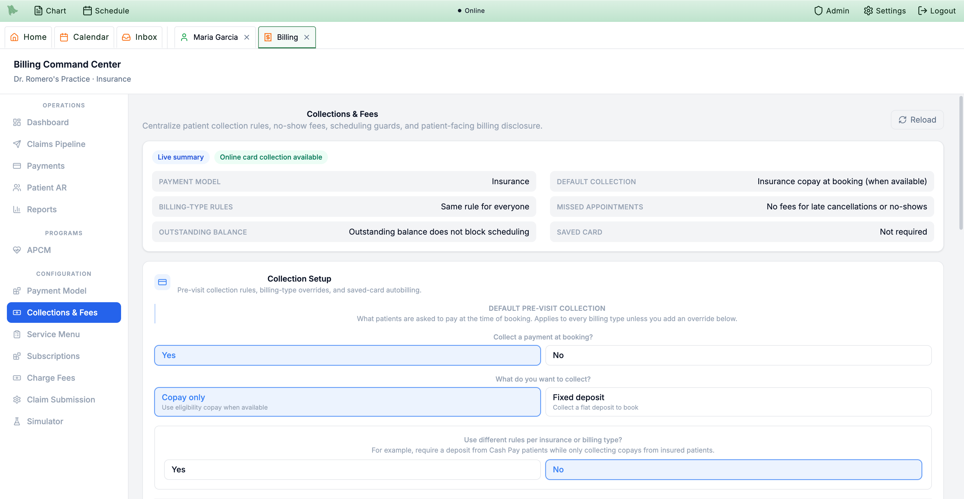 Billing Command Center with the Configuration group in the left sidebar and the Collections and Fees live summary showing payment model, default collection, billing-type rules, missed appointments, outstanding balance, and saved card
