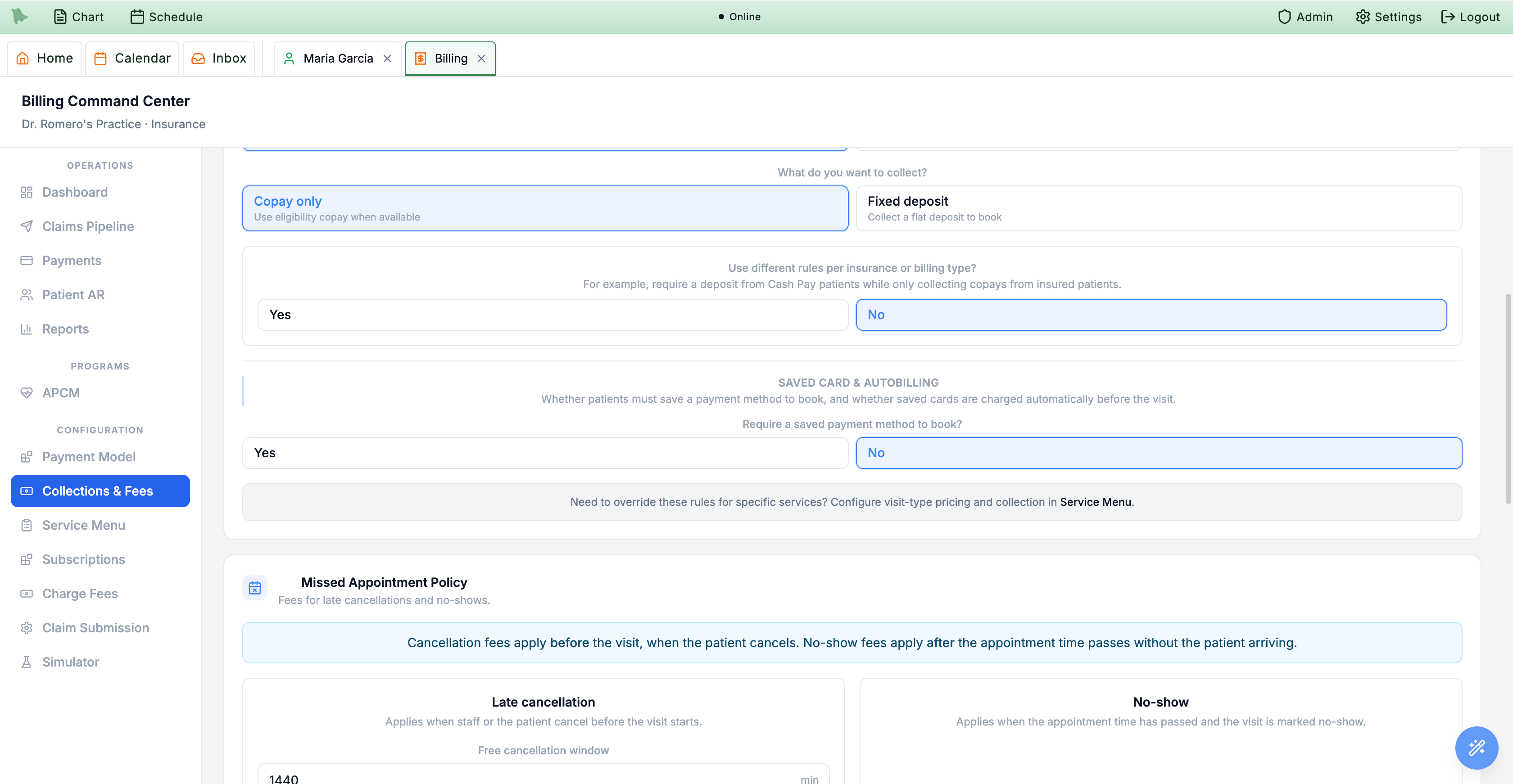 Collections and Fees showing default pre-visit collection, saved card and autobilling, the pointer to override rules per service in the Service Menu, and the start of the missed appointment policy