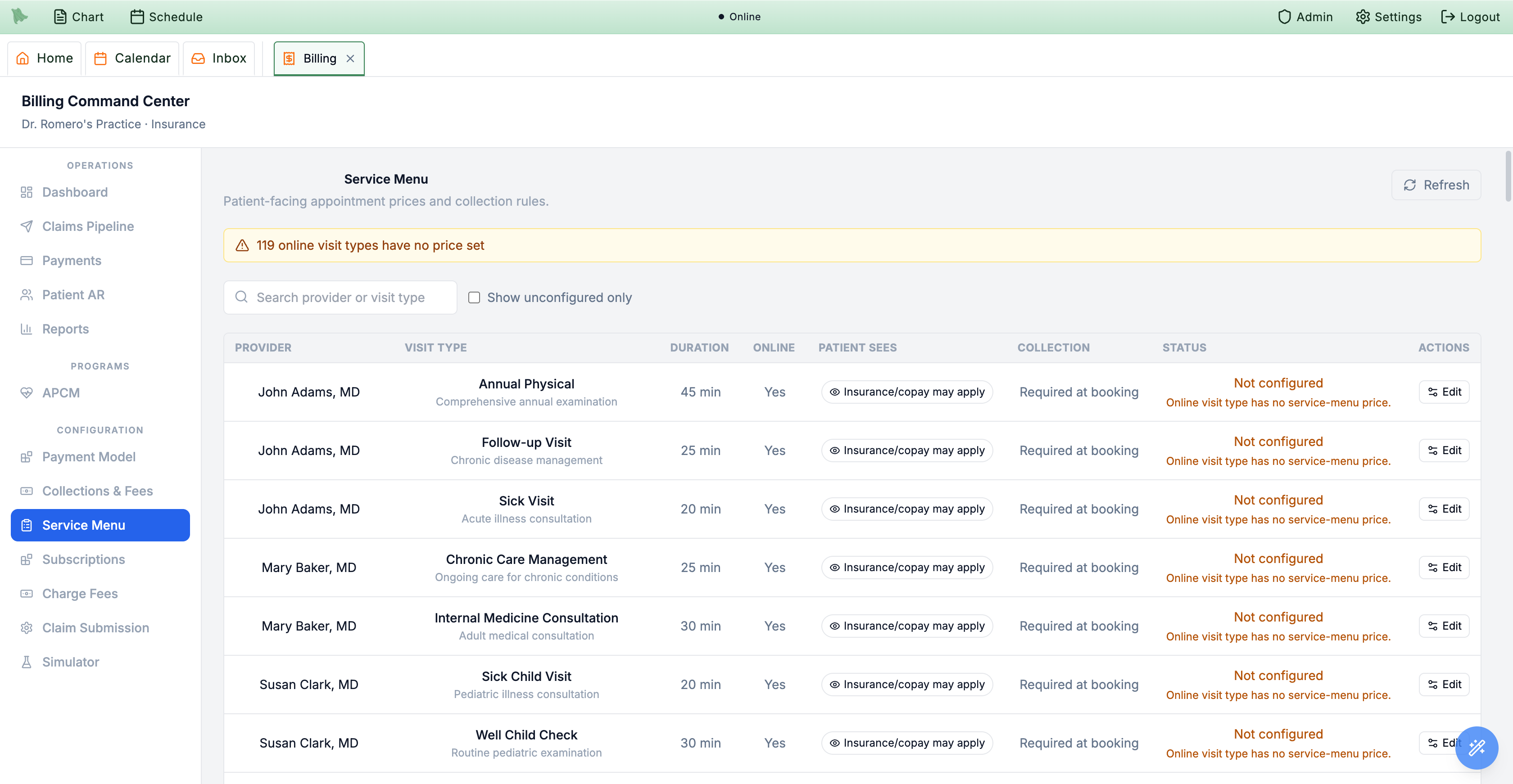 Service Menu table listing provider, visit type, duration, online flag, what the patient sees, collection rule, status, and an edit action per service