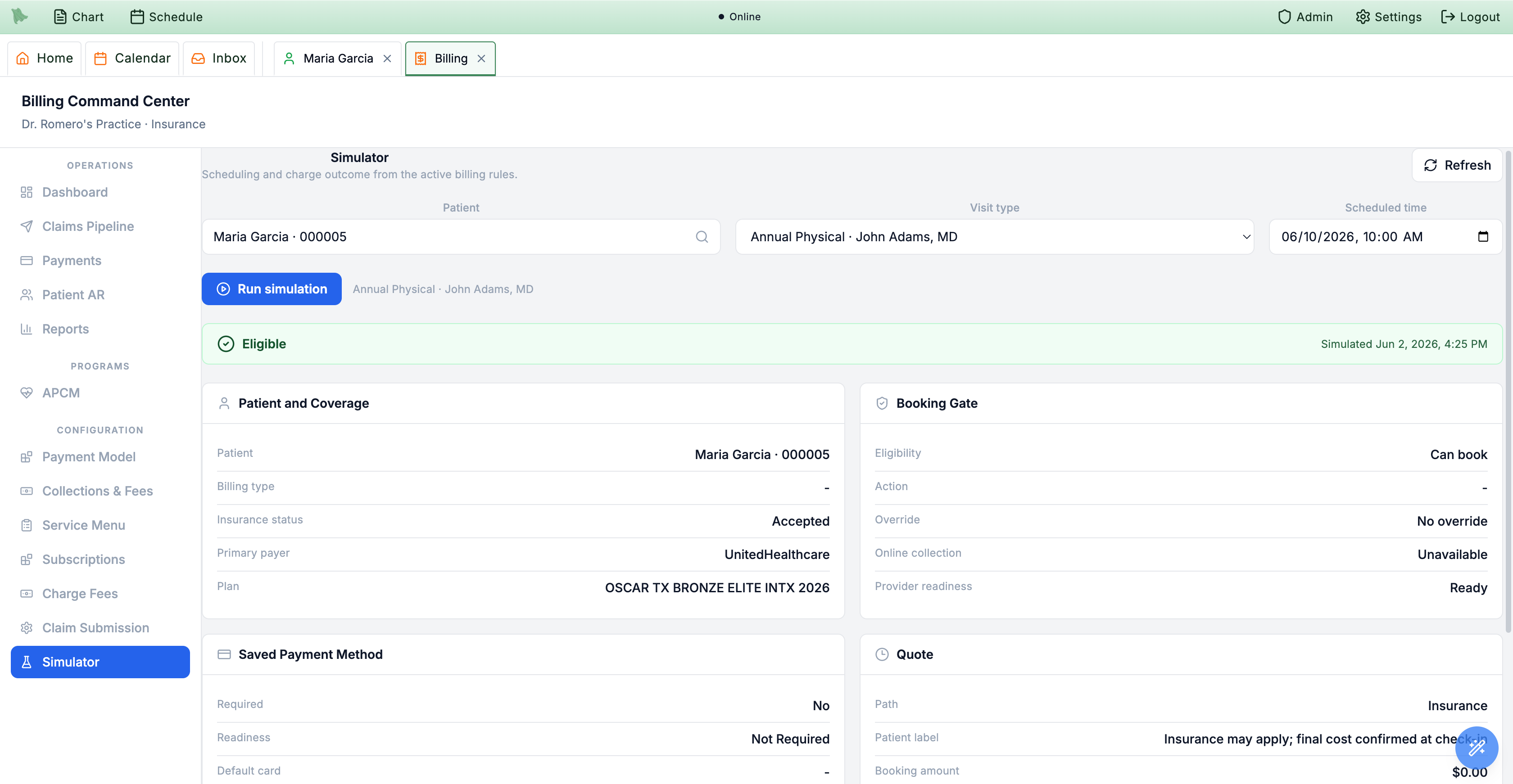 Billing Simulator showing inputs for patient, visit type, and scheduled time, with result cards for Patient and Coverage, Booking Gate, Saved Payment Method, and the Quote with booking, before-visit, and check-in amounts