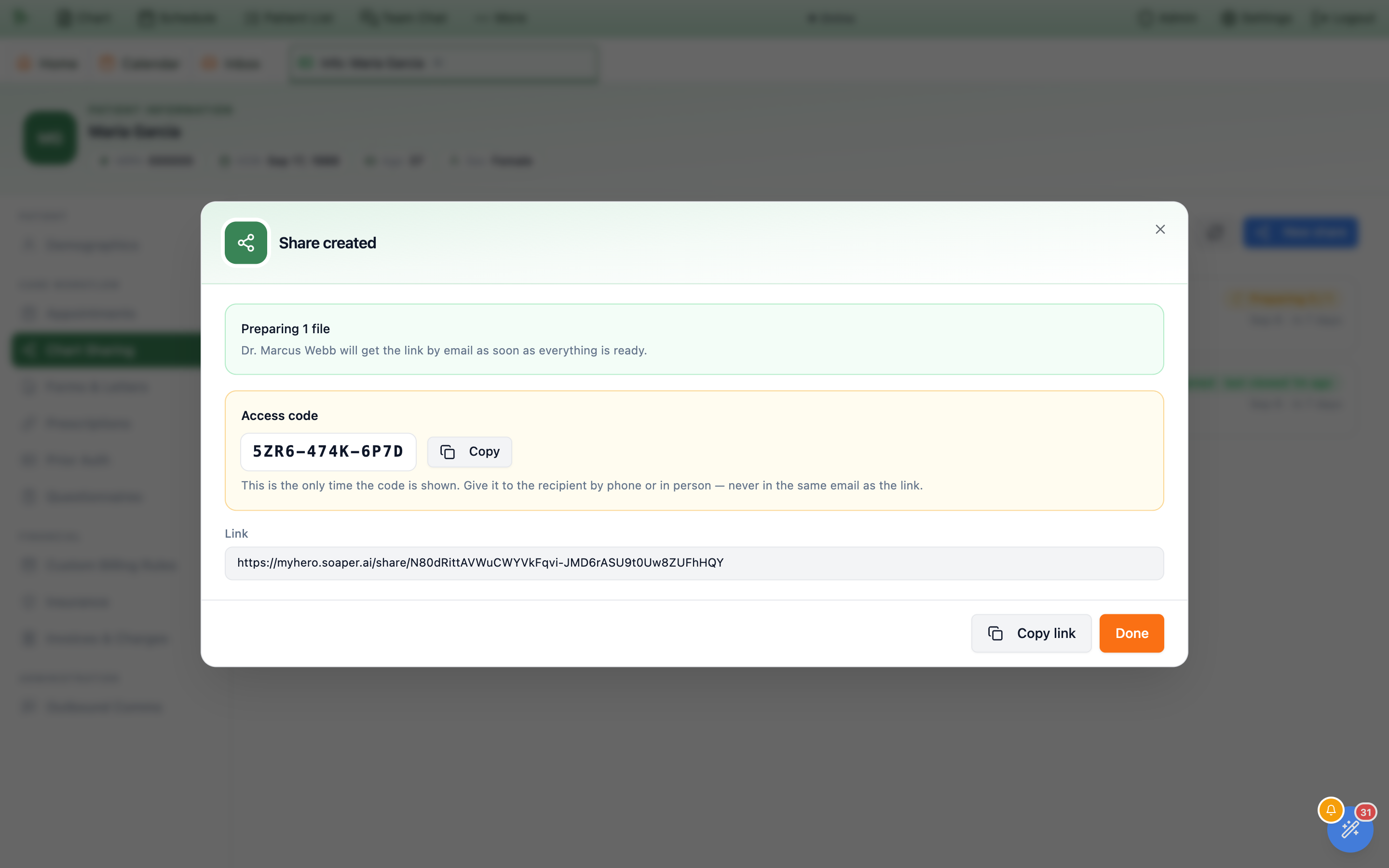 The Share created pane in Hero EMR, showing a green Preparing 66 files panel with the line the recipient will get the link by email as soon as everything is ready, a yellow Access code panel with the code in large monospace type, a Copy button and the warning that this is the only time the code is shown, the share link in a read-only field, and Copy link and Done buttons