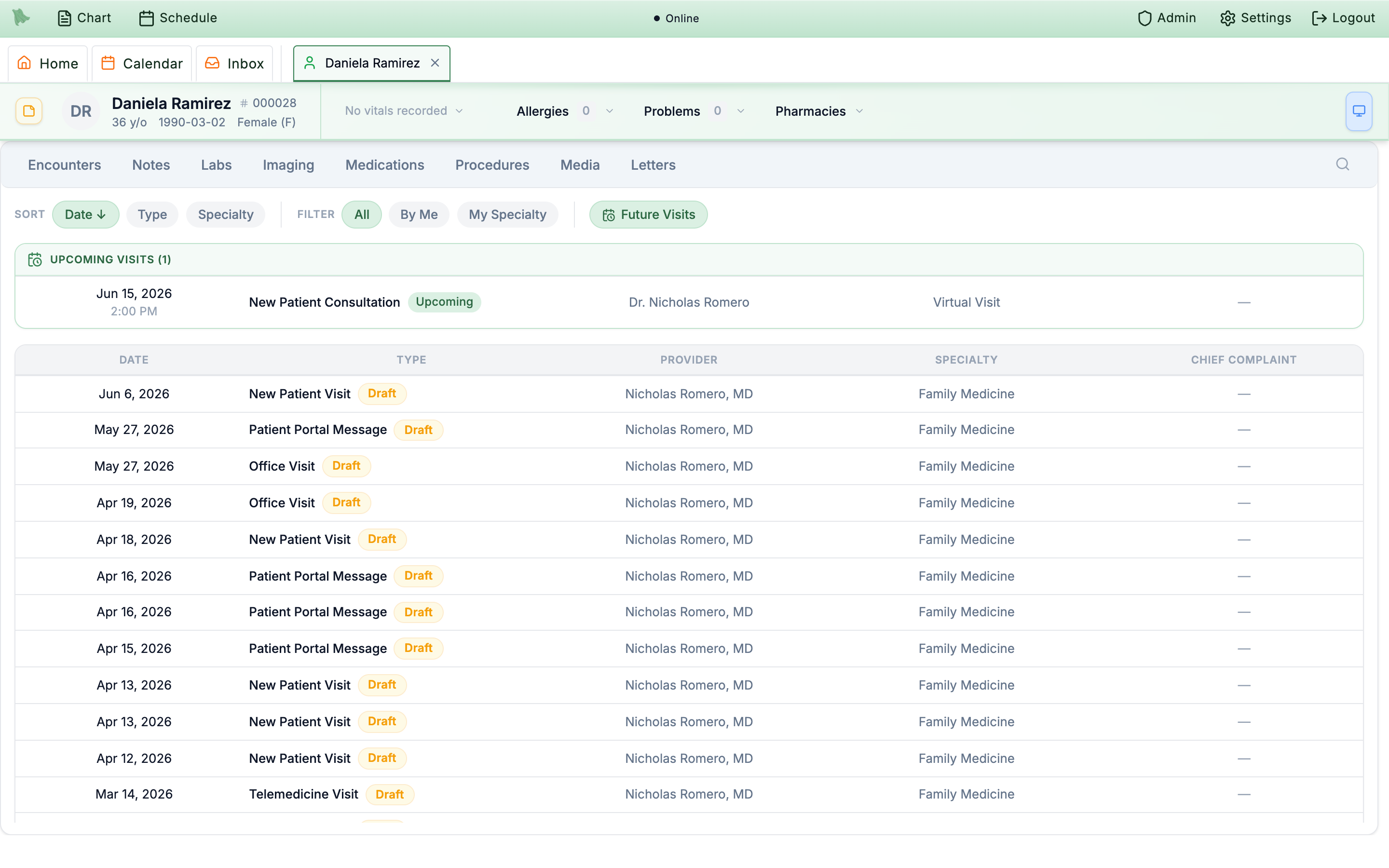A full patient chart with the header strip showing vitals, Allergies, Problems and Pharmacies, the tab row from Encounters through Letters, and the Encounters tab open with Sort and Filter controls, the Future Visits toggle pressed, and an Upcoming Visits section
