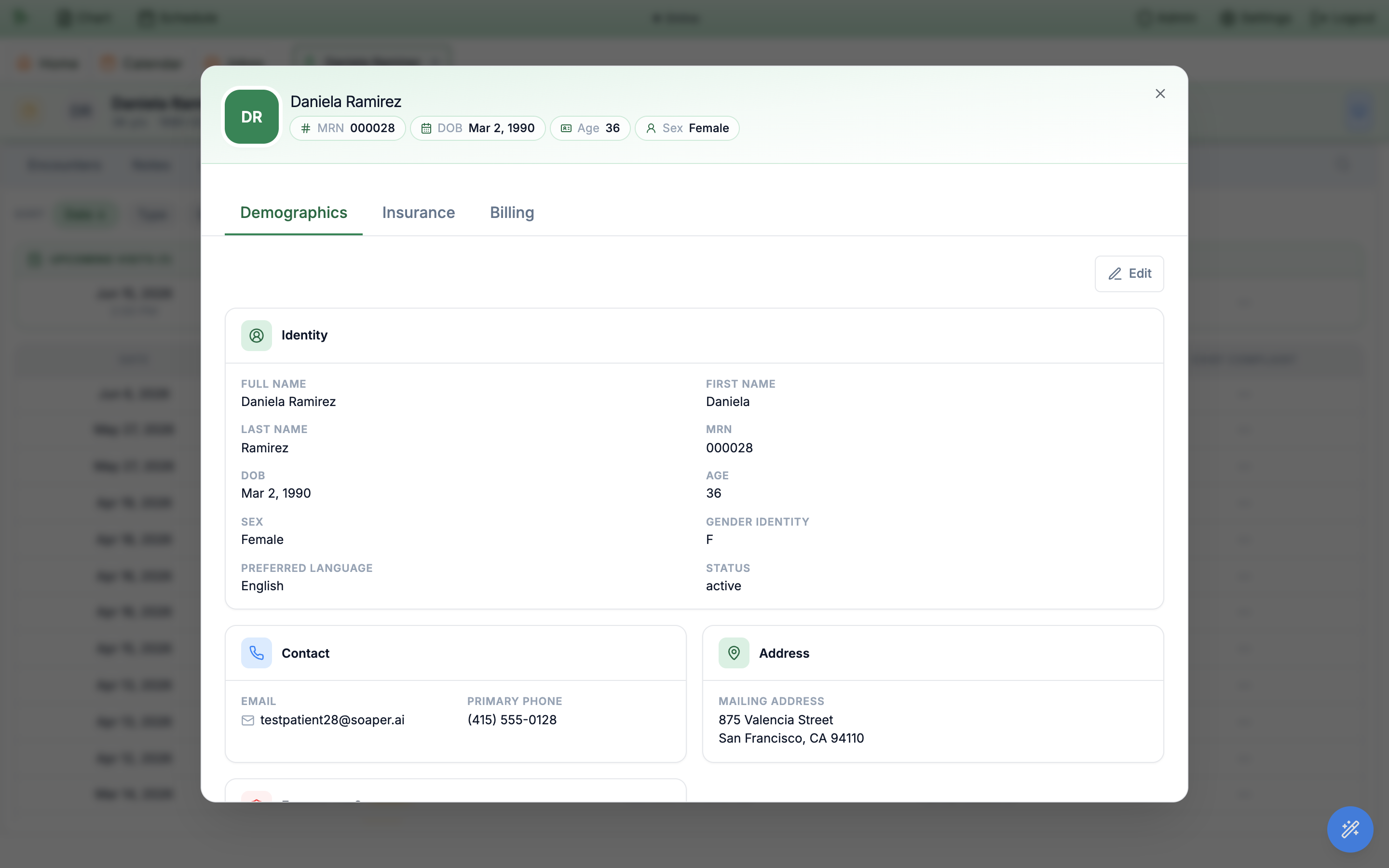 Demographics modal with Demographics, Insurance and Billing tabs, Identity, Contact and Address cards, and an Edit button