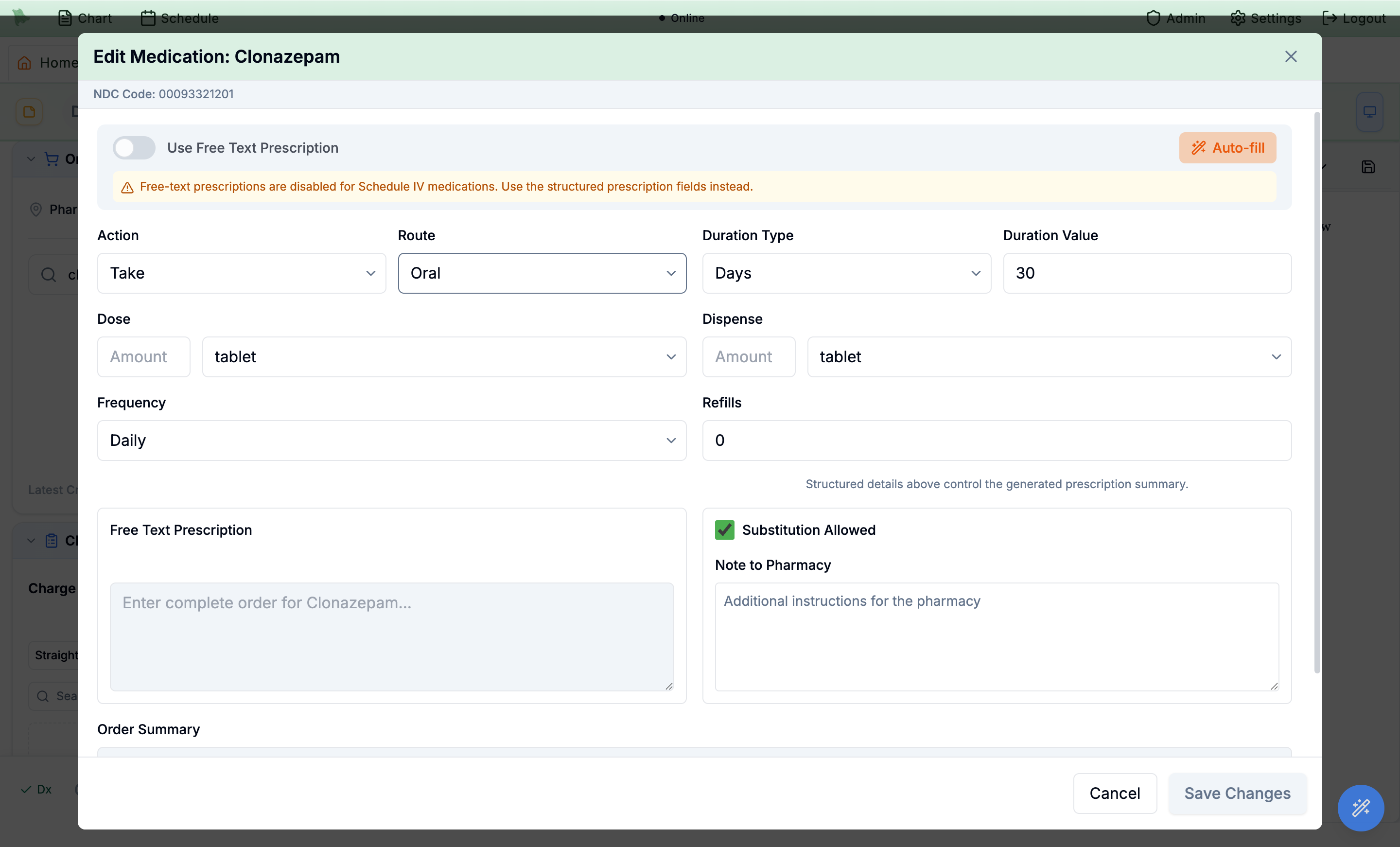 Edit Medication dialog for clonazepam with structured Action/Route/Duration/Dose/Dispense/Frequency/Refills fields, an Auto-fill button, and a notice that free-text prescriptions are disabled for Schedule IV medications
