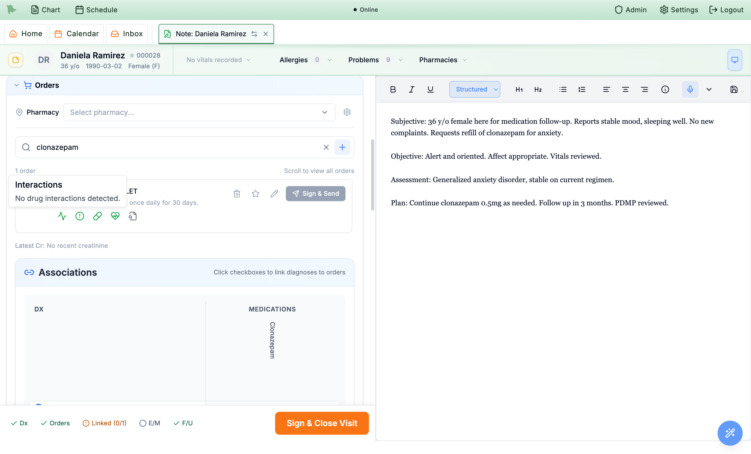 An order card with five green safety-check icons and an open Interactions popover reading No drug interactions detected