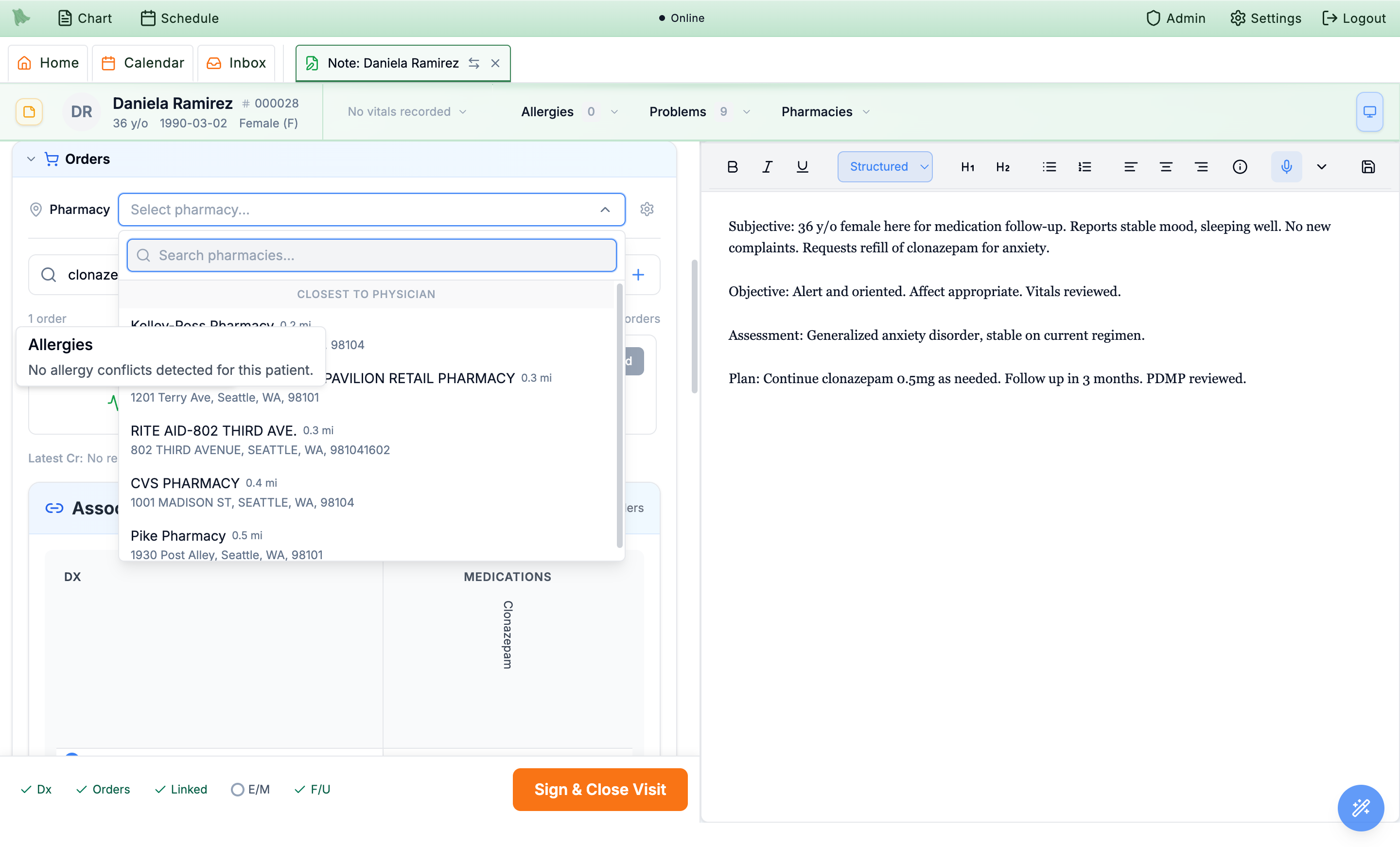 Pharmacy selector showing a searchable list sorted Closest to Physician with several Seattle pharmacies