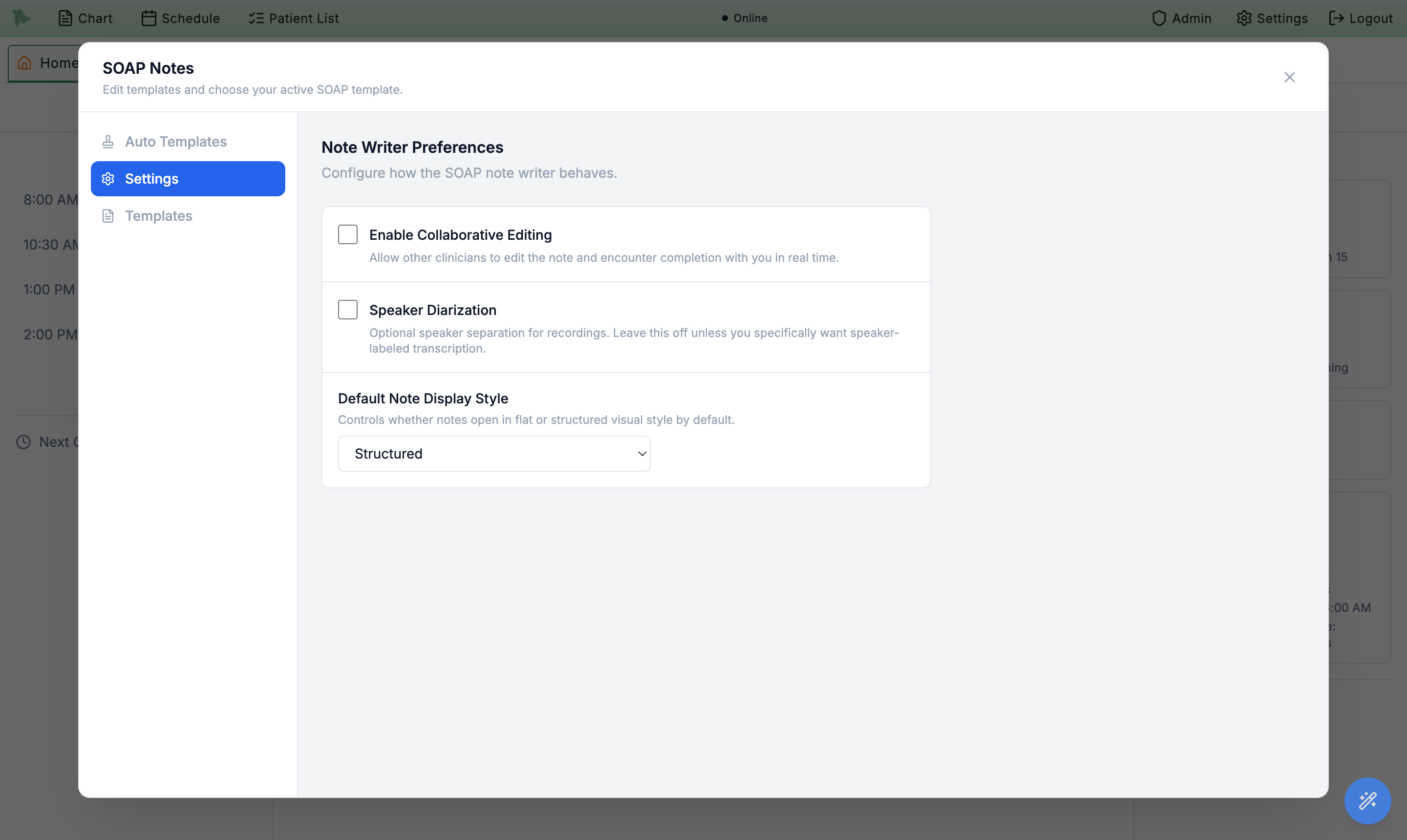 Note Writer Preferences panel with an Enable Collaborative Editing checkbox and its description, alongside Speaker Diarization and Default Note Display Style options