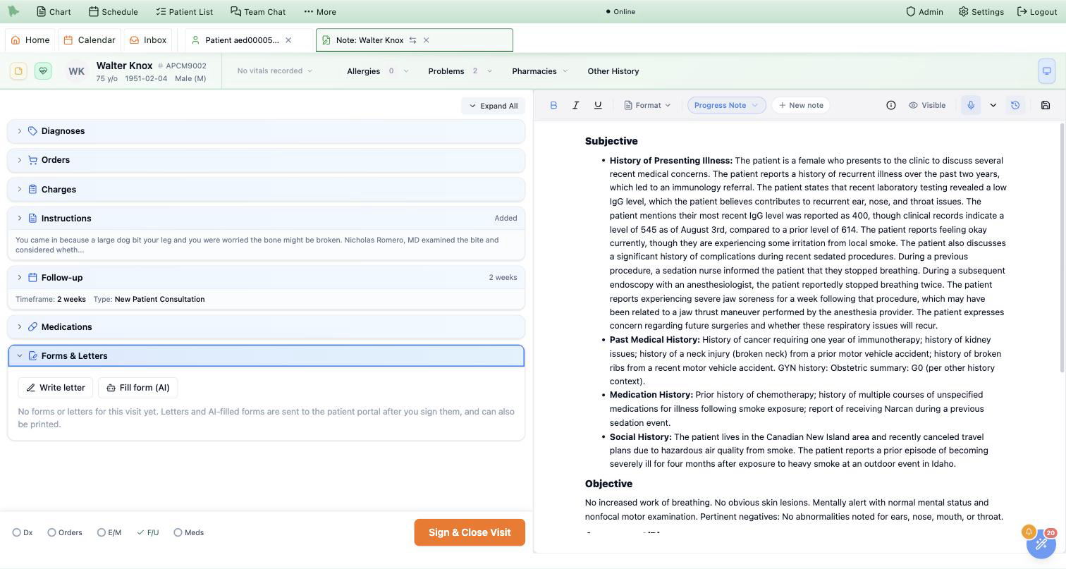 The Hero EMR encounter completion checklist for patient Walter Knox with the Forms & Letters section expanded at the bottom, showing a Write letter button, a Fill form (AI) button, and the empty-state text: No forms or letters for this visit yet. Letters and AI-filled forms are sent to the patient portal after you sign them, and can also be printed.