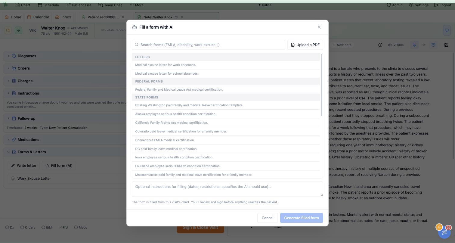 The Fill a form with AI dialog in Hero EMR: a search box, an Upload a PDF button, and the form catalog grouped into Letters, Federal forms and State forms, including Medical excuse letter for work absences, the Federal Family and Medical Leave Act medical certification, and state paid-leave certifications for Washington, Alaska, California, Colorado and others, with an optional instructions box below