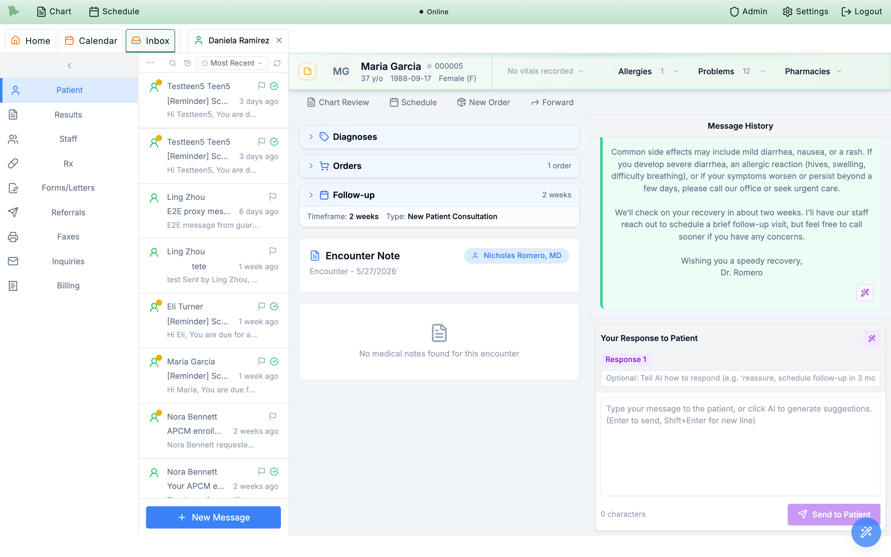 The Inbox Patient view with a thread open: Message History with a clinician reply bubble, and the Your Response to Patient composer carrying a Response 1 AI chip above the Send to Patient button