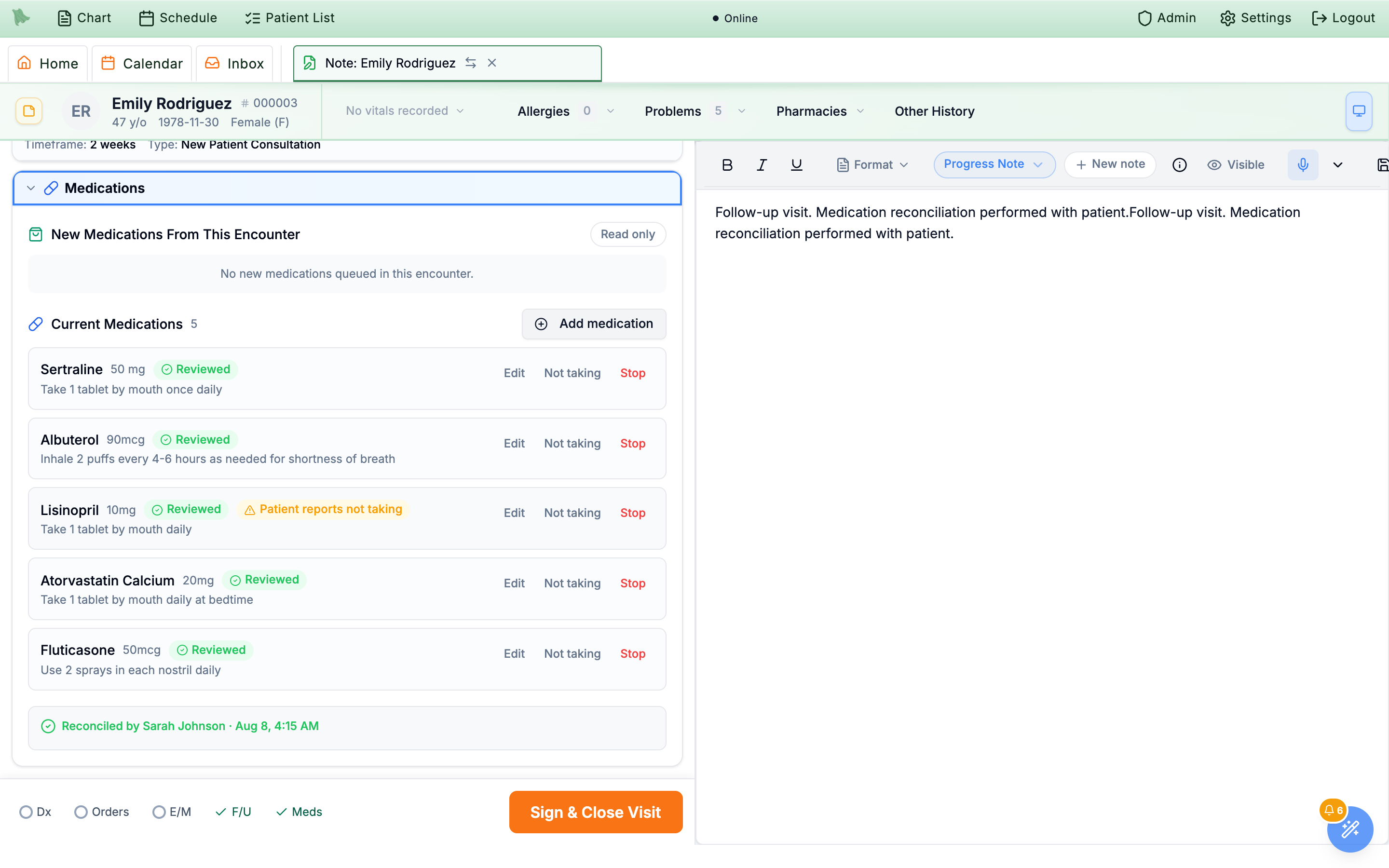 Encounter Medications section after finalizing, every row badged Reviewed and a green Reconciled by Sarah Johnson footer with no finalize button remaining