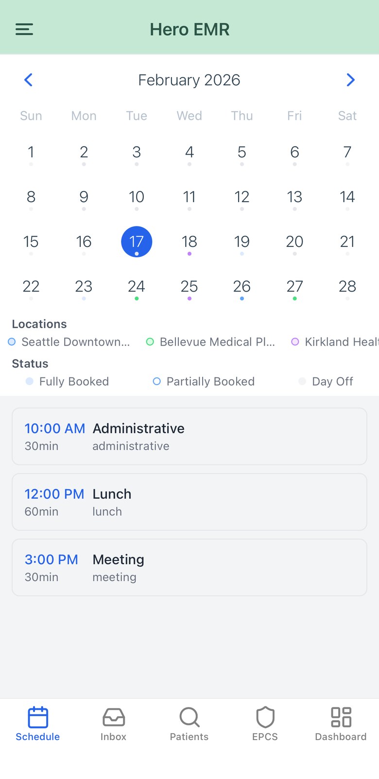 The Hero physician app schedule, showing a month calendar and the day's visits