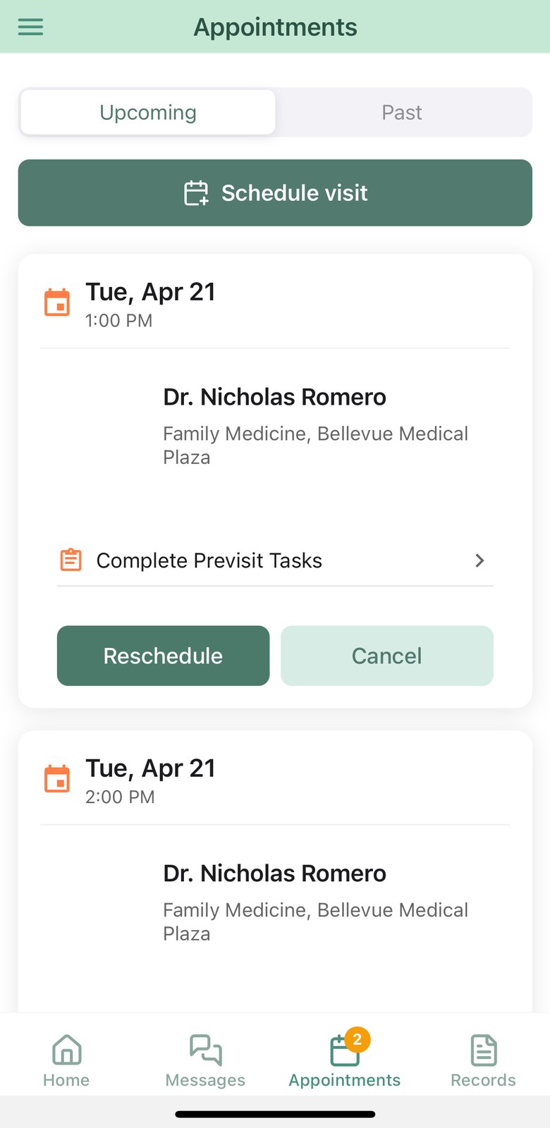 Patient appointments list with upcoming visits, previsit tasks and reschedule controls