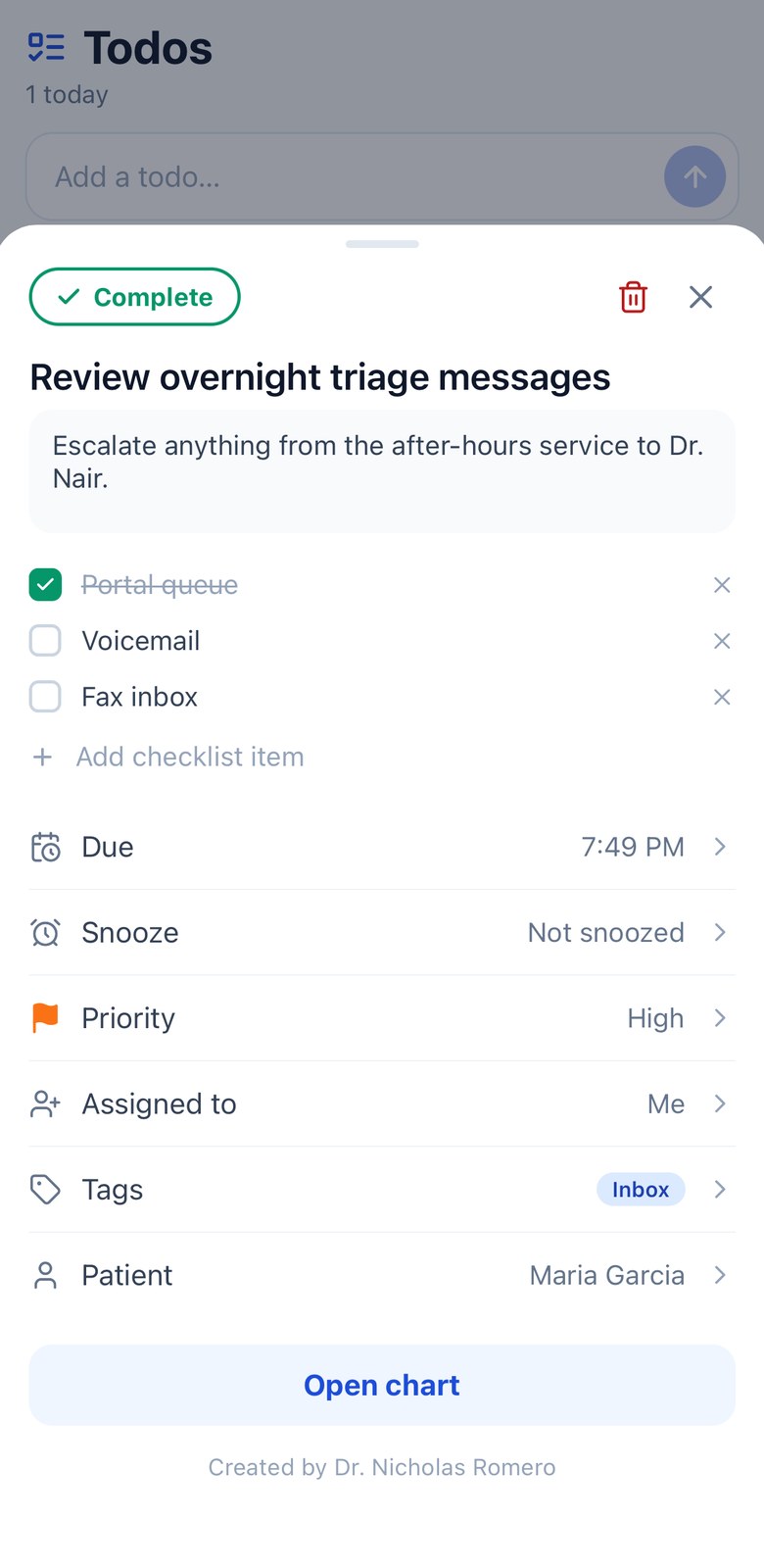A todo detail sheet showing notes, a checklist, and rows for due date, snooze, priority, assignee, tags and patient