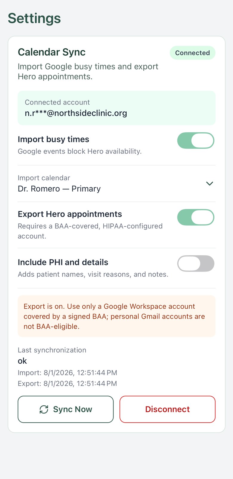 Calendar sync settings on iPhone showing the connected account, import and export switches, the PHI toggle and the last synchronization times