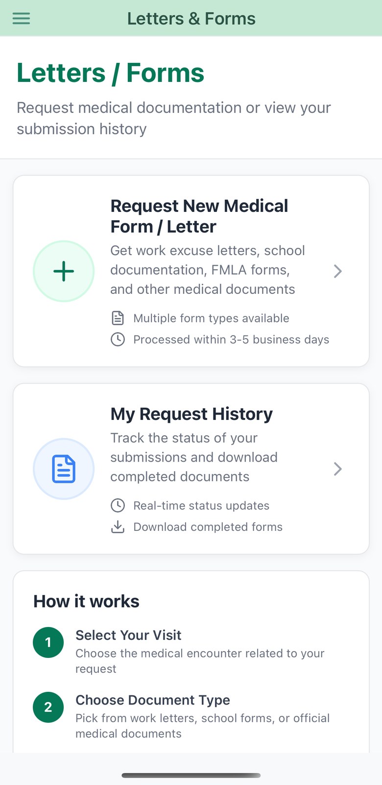 Letters and forms screen on iPhone with a request card, request history and a how-it-works explainer