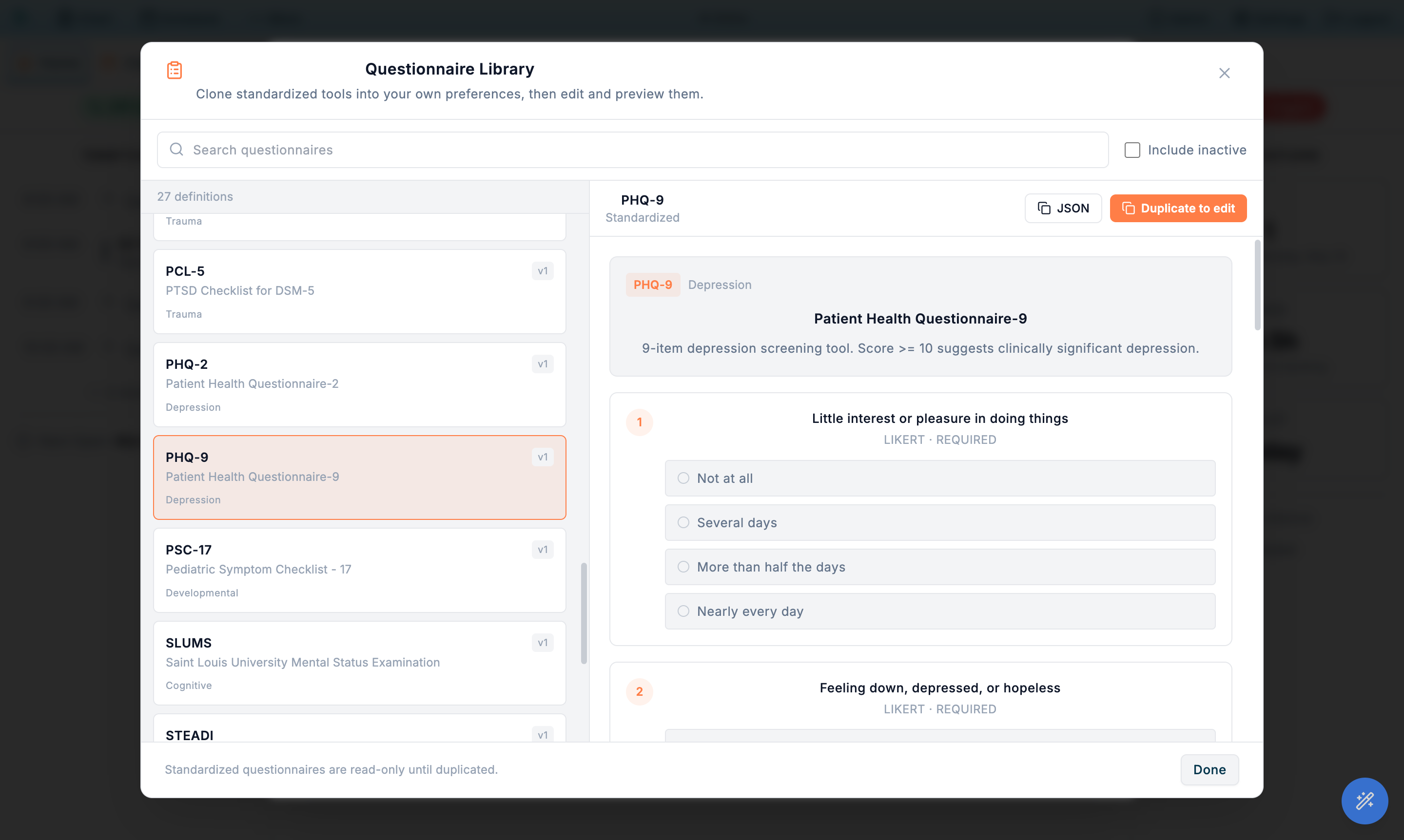 Questionnaire Library modal with three groups in the sidebar and a question preview in the main pane