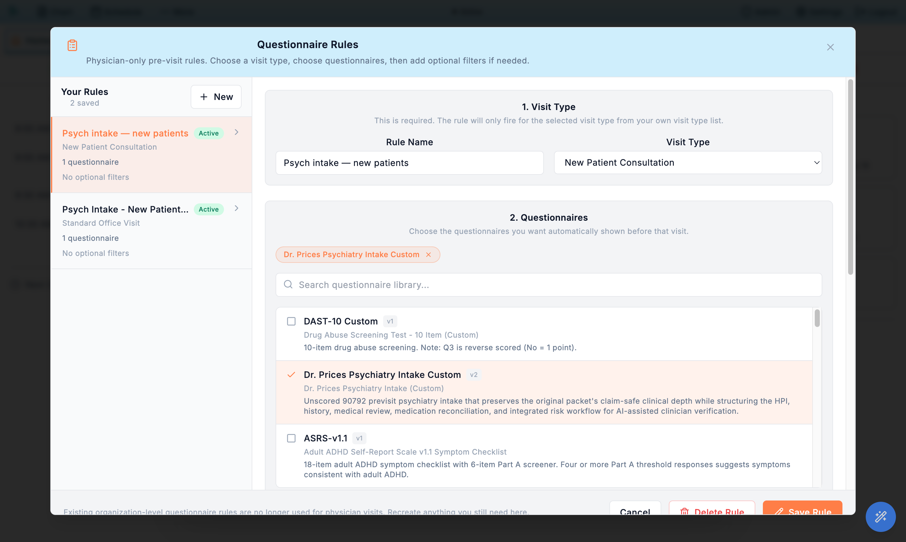 Questionnaire Rules modal with a rule list on the left and the visit type, questionnaire, and filter sections on the right