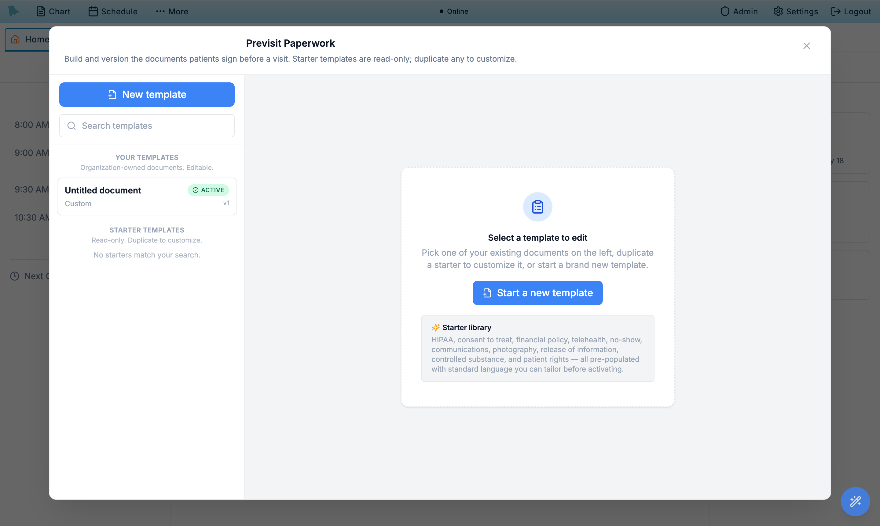 Previsit Paperwork manager with the Your templates and Starter templates sections in the sidebar and the editor in the main pane