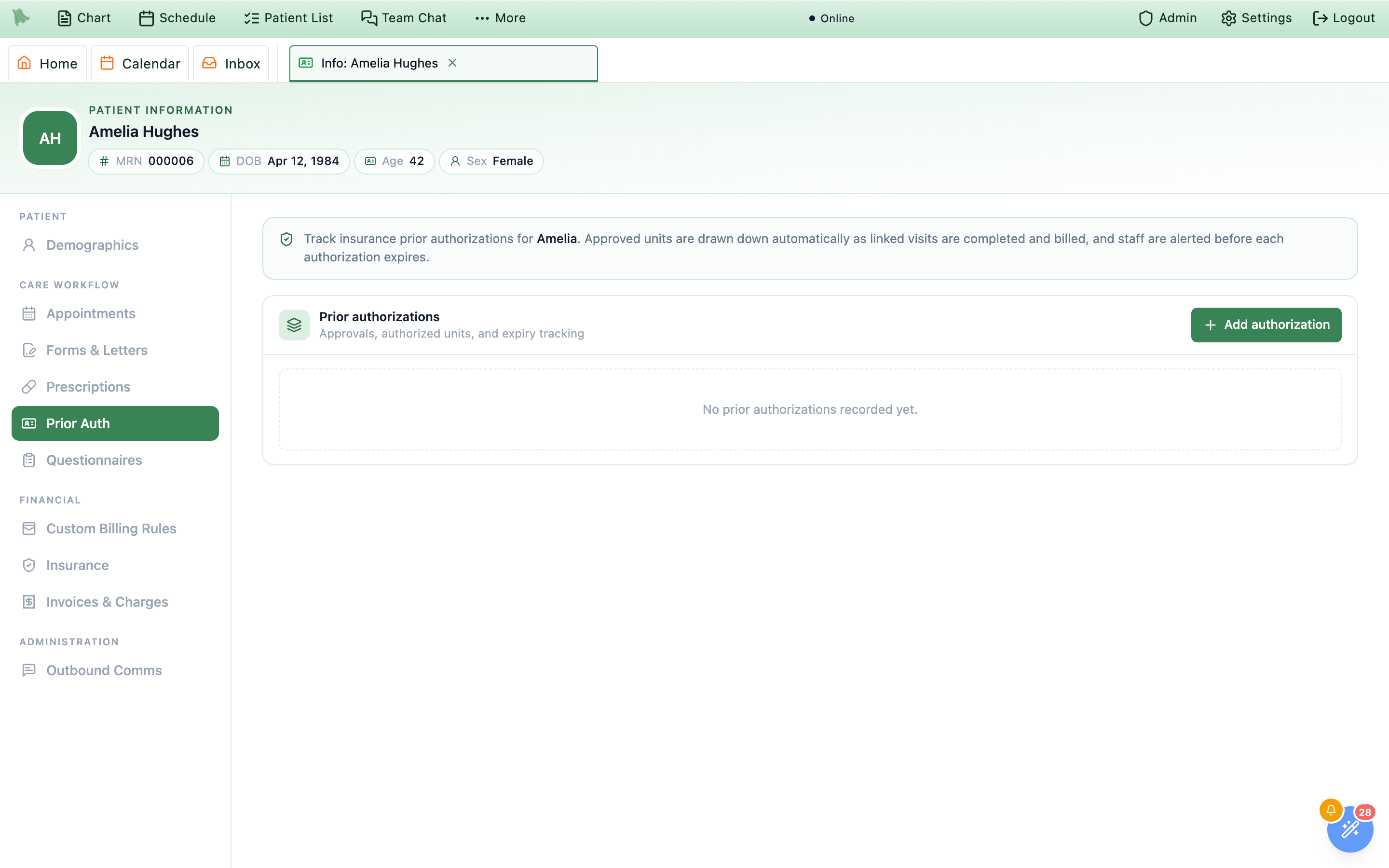 The Prior Auth tab of the Patient Information workspace for Amelia Hughes with Prior Auth highlighted under Care workflow in the sidebar, showing the banner about tracking insurance prior authorizations and drawing down approved units, a card headed Prior authorizations with the sub-line Approvals, authorized units, and expiry tracking, an Add authorization button, and the empty state No prior authorizations recorded yet