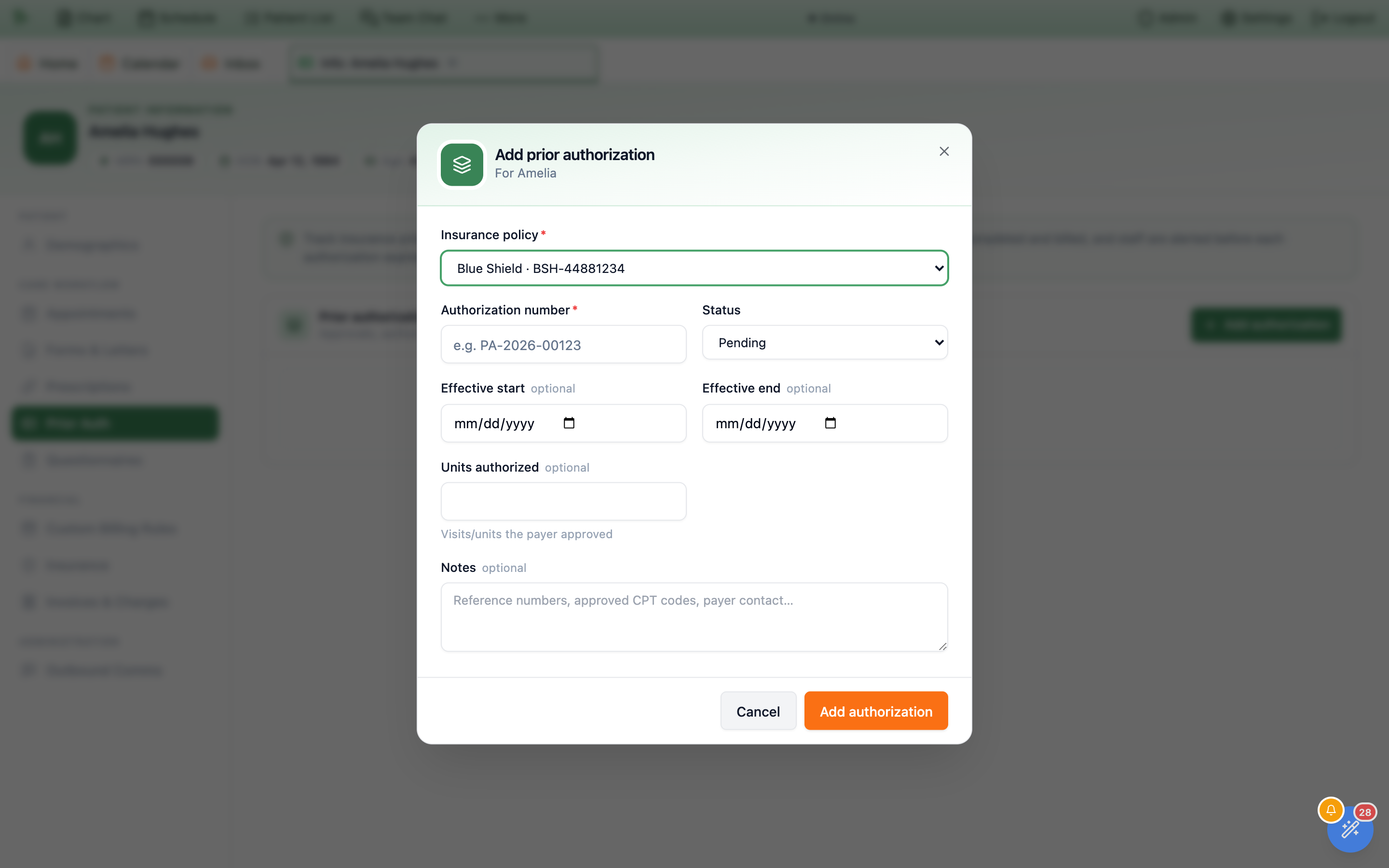 The Add prior authorization dialog subtitled For Amelia, with a required Insurance policy dropdown preset to Blue Shield BSH-44881234, a required Authorization number field with the placeholder e.g. PA-2026-00123, a Status dropdown set to Pending, optional Effective start and Effective end date fields, an optional Units authorized number field hinted Visits units the payer approved, an optional Notes box, and Cancel and Add authorization buttons