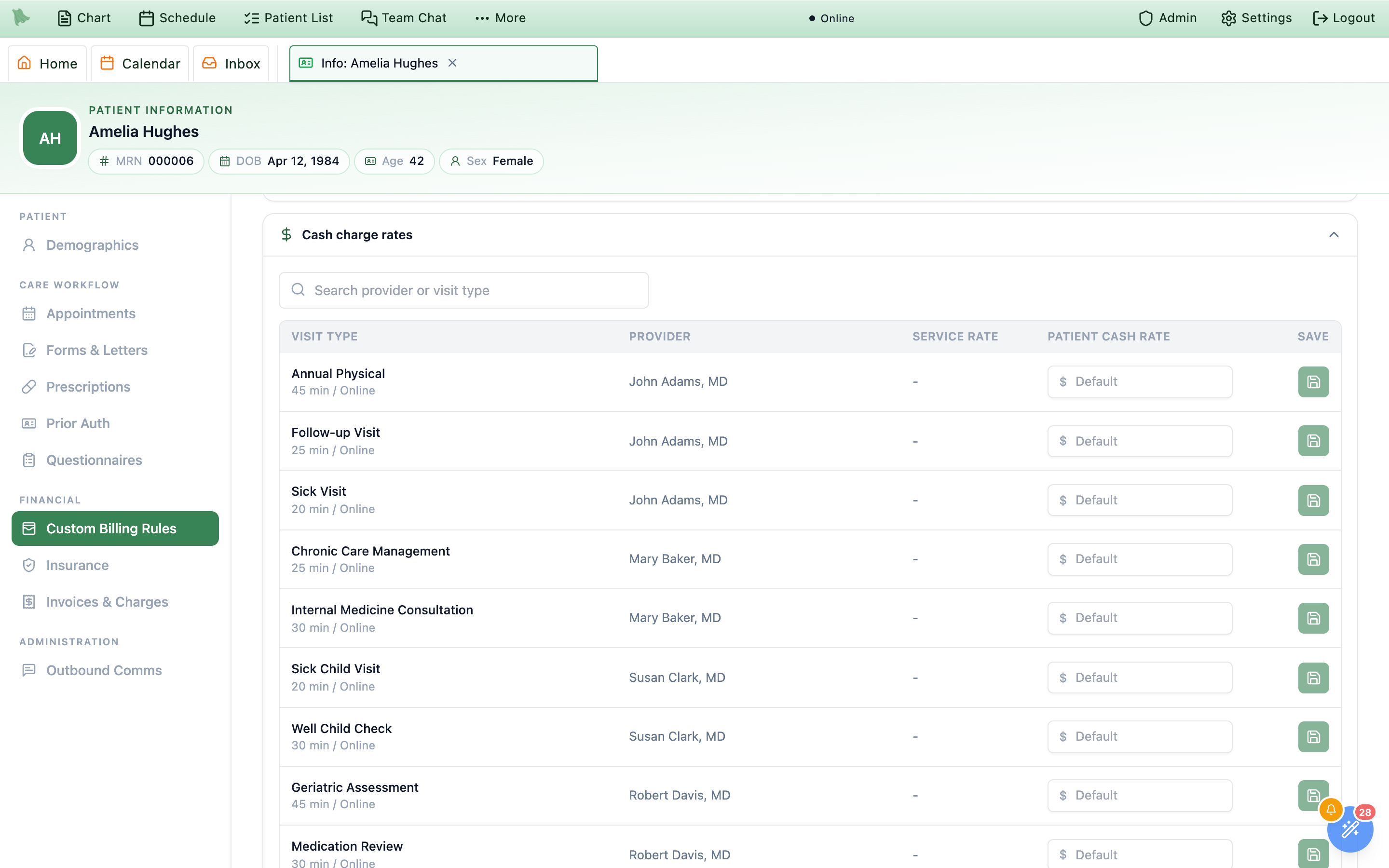 The Custom Billing Rules tab of the Patient Information screen with the Exceptions section (bypass card on file, bypass booking collection) above the expanded Cash charge rates accordion listing visit types with a read-only Service rate beside an editable Patient cash rate