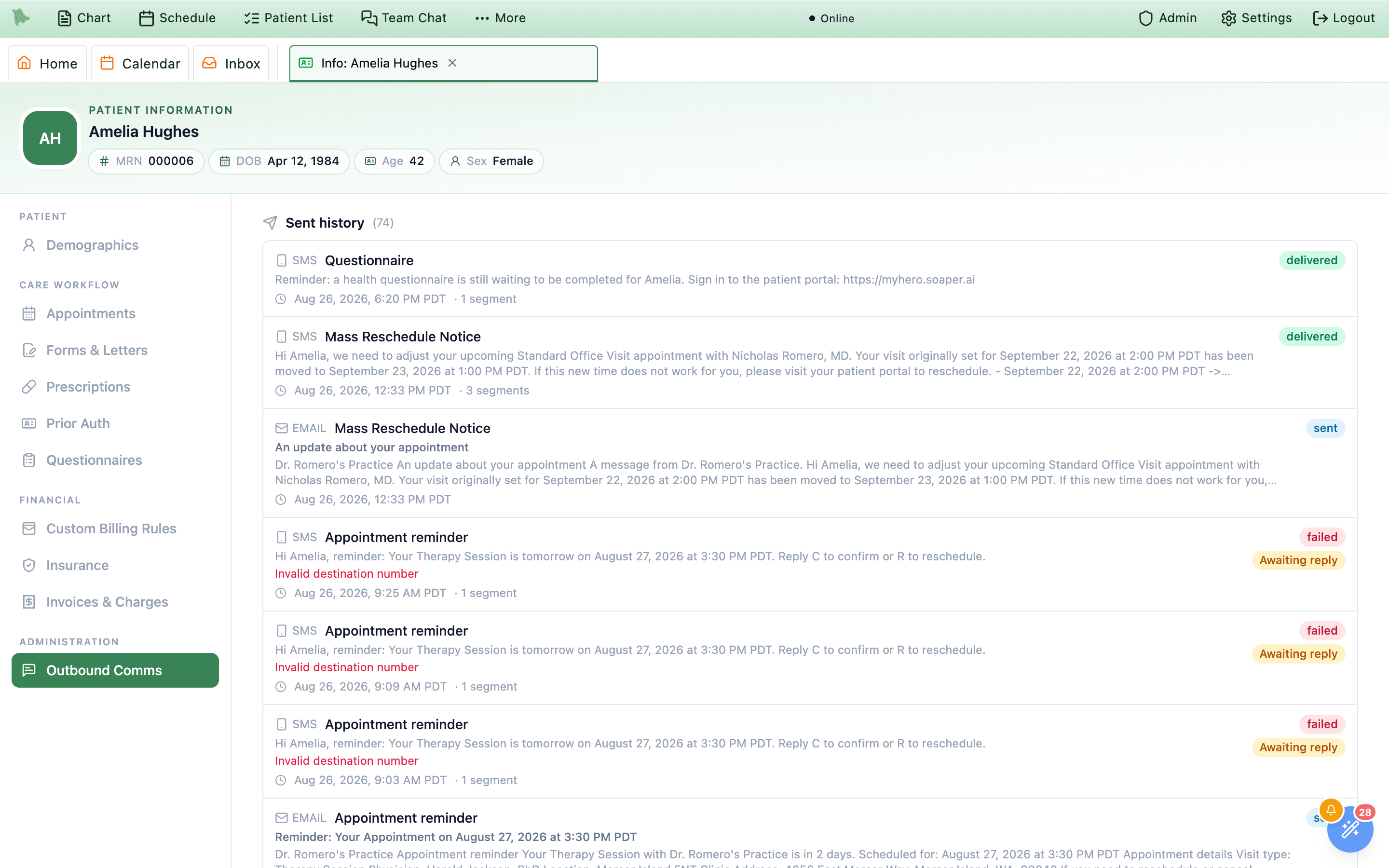 The Outbound Comms tab scrolled to the Sent history section with a count of 73, showing rows tagged SMS and EMAIL with template names such as Mass Reschedule Notice and Appointment reminder, body previews, green delivered and blue sent status pills, an amber Awaiting reply pill on reminder rows, a red failed row reading Invalid destination number, and footer lines giving the send time in Pacific time and a segment count