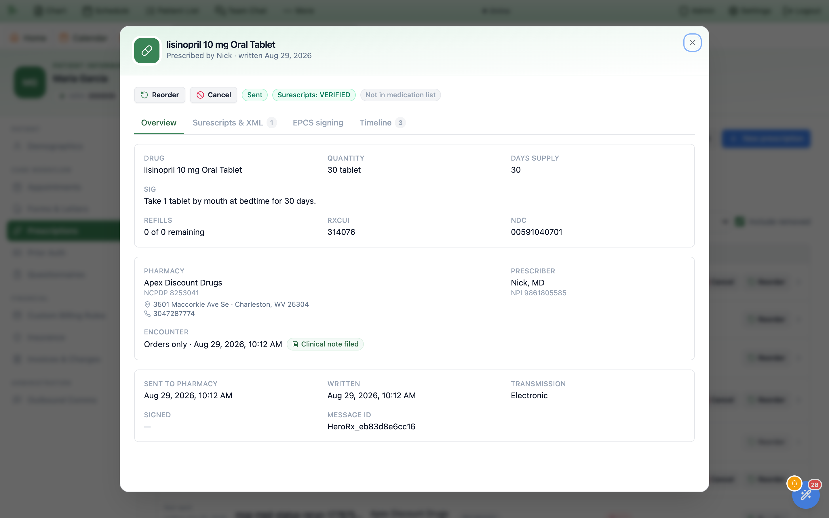 The prescription detail dialog for lisinopril 10 mg Oral Tablet with Reorder and Cancel buttons in the status strip, the Sig reading Take 1 tablet by mouth at bedtime for 30 days, and an Encounter field reading Orders only, Aug 29 2026, 10:12 AM followed by a green Clinical note filed chip