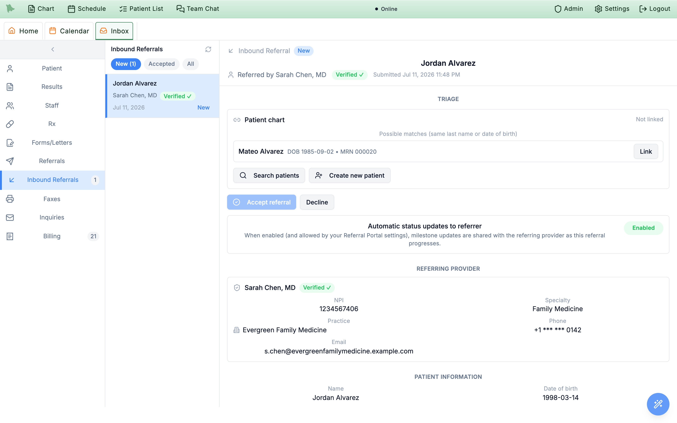 The Inbox on the Inbound Referrals view: a list of incoming referrals on the left with Jordan Alvarez selected, and a triage detail pane on the right showing the referring provider's name and a verification badge, suggested matching patient charts with link controls, the referral's clinical reason, and Accept and Decline buttons