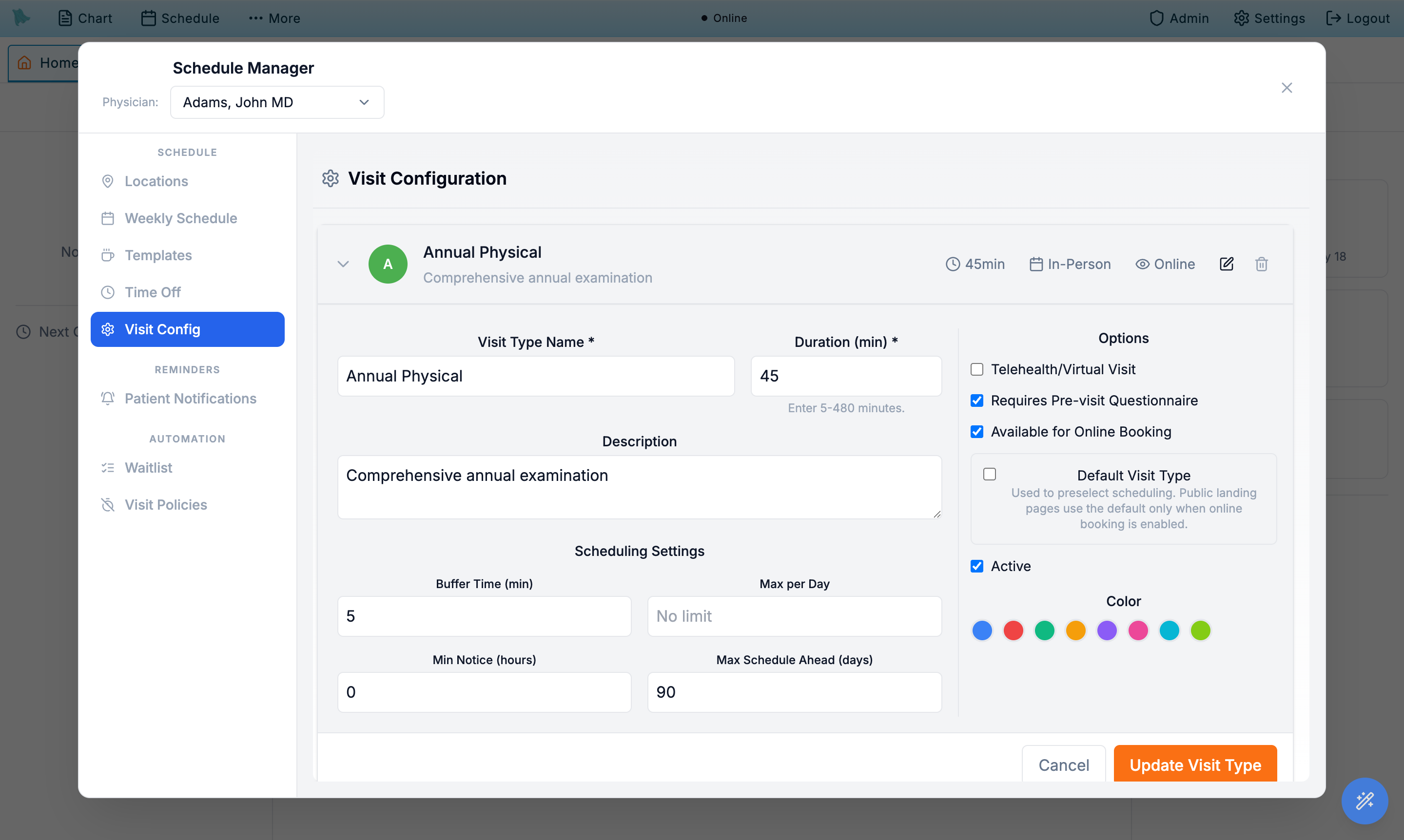 Visit type editor with fields for name, duration, description, scheduling settings, options, and color