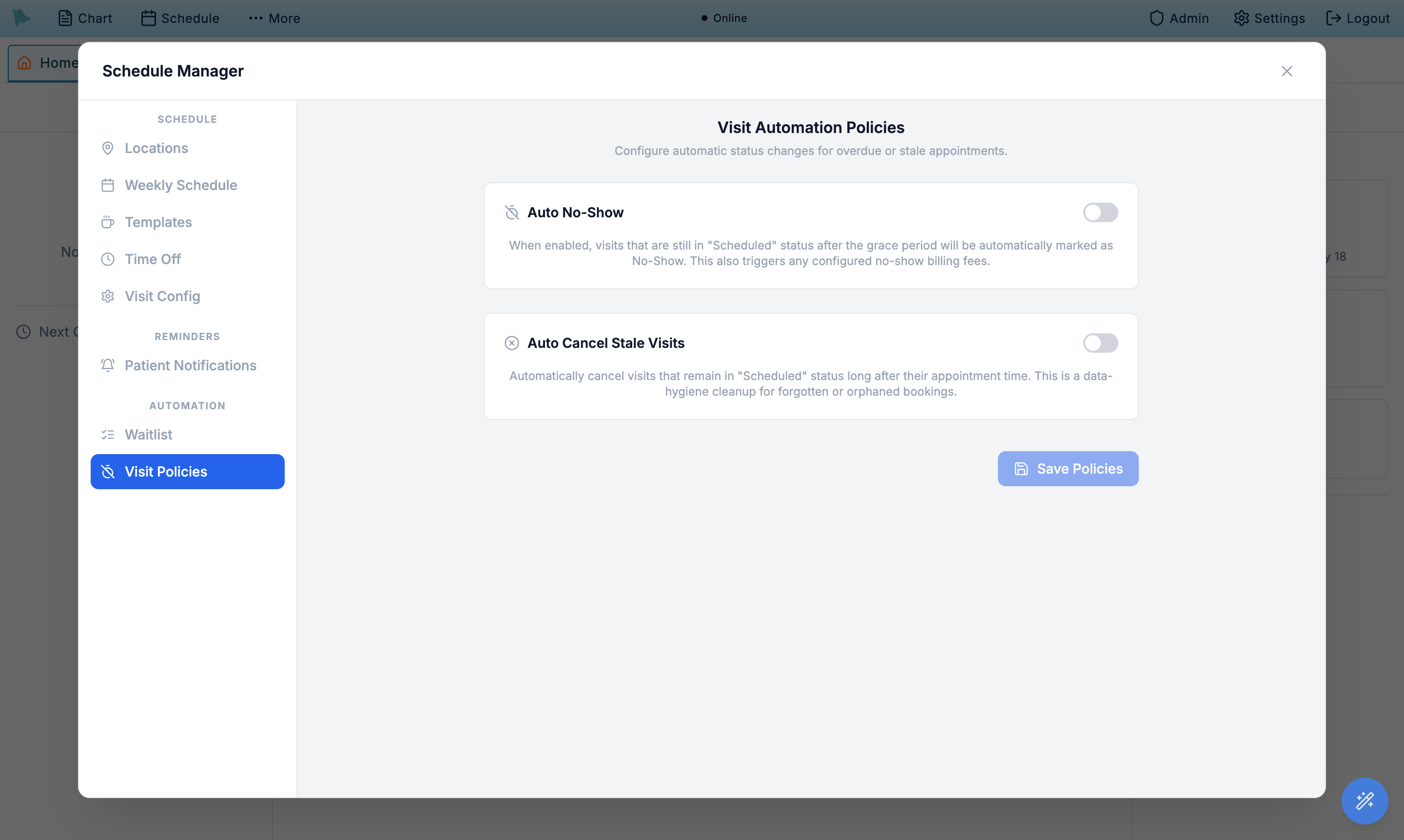Visit Automation Policies with Auto No-Show and Auto Cancel Stale Visits toggles