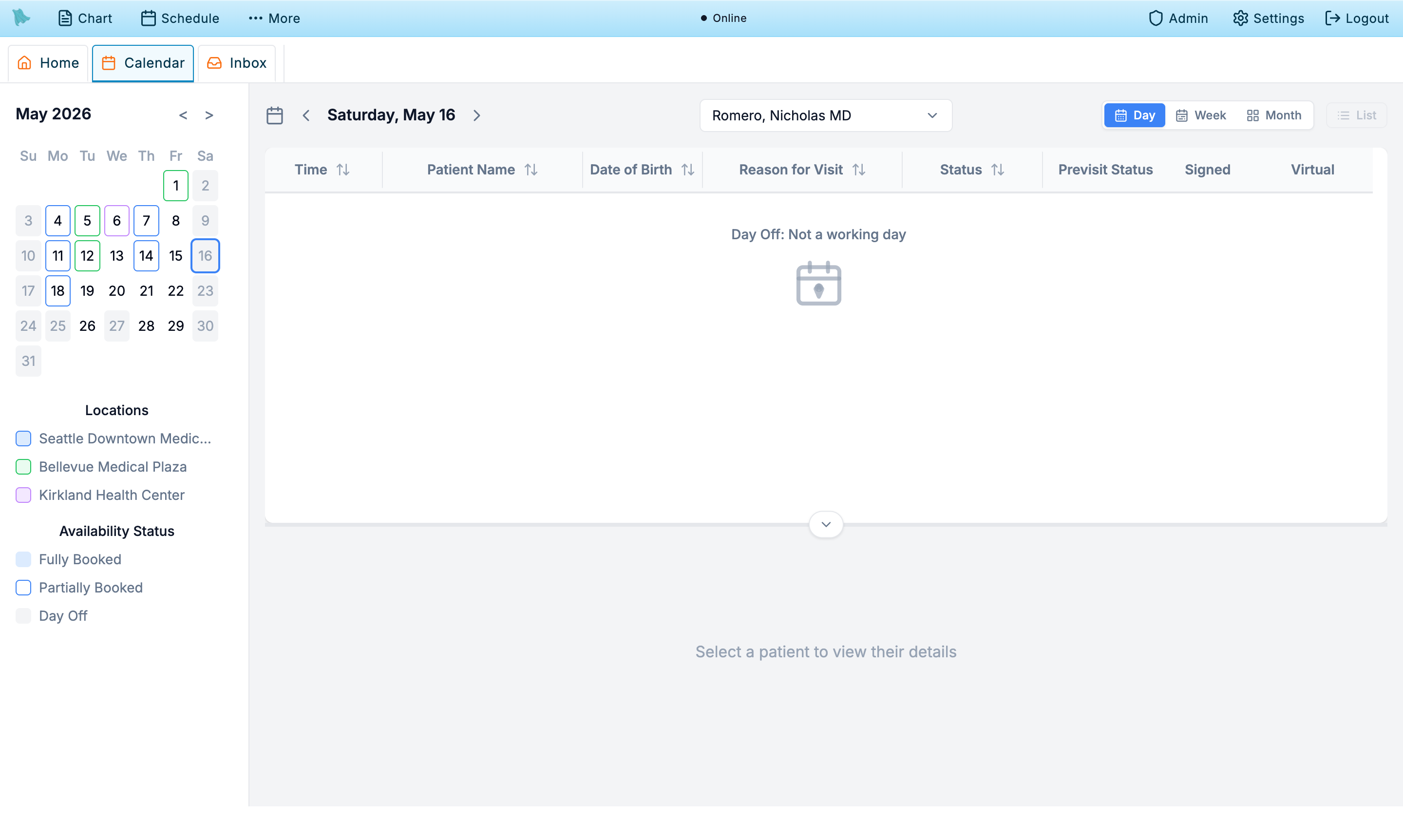 Calendar day view showing the location filter, physician picker, availability legend, and day timeline