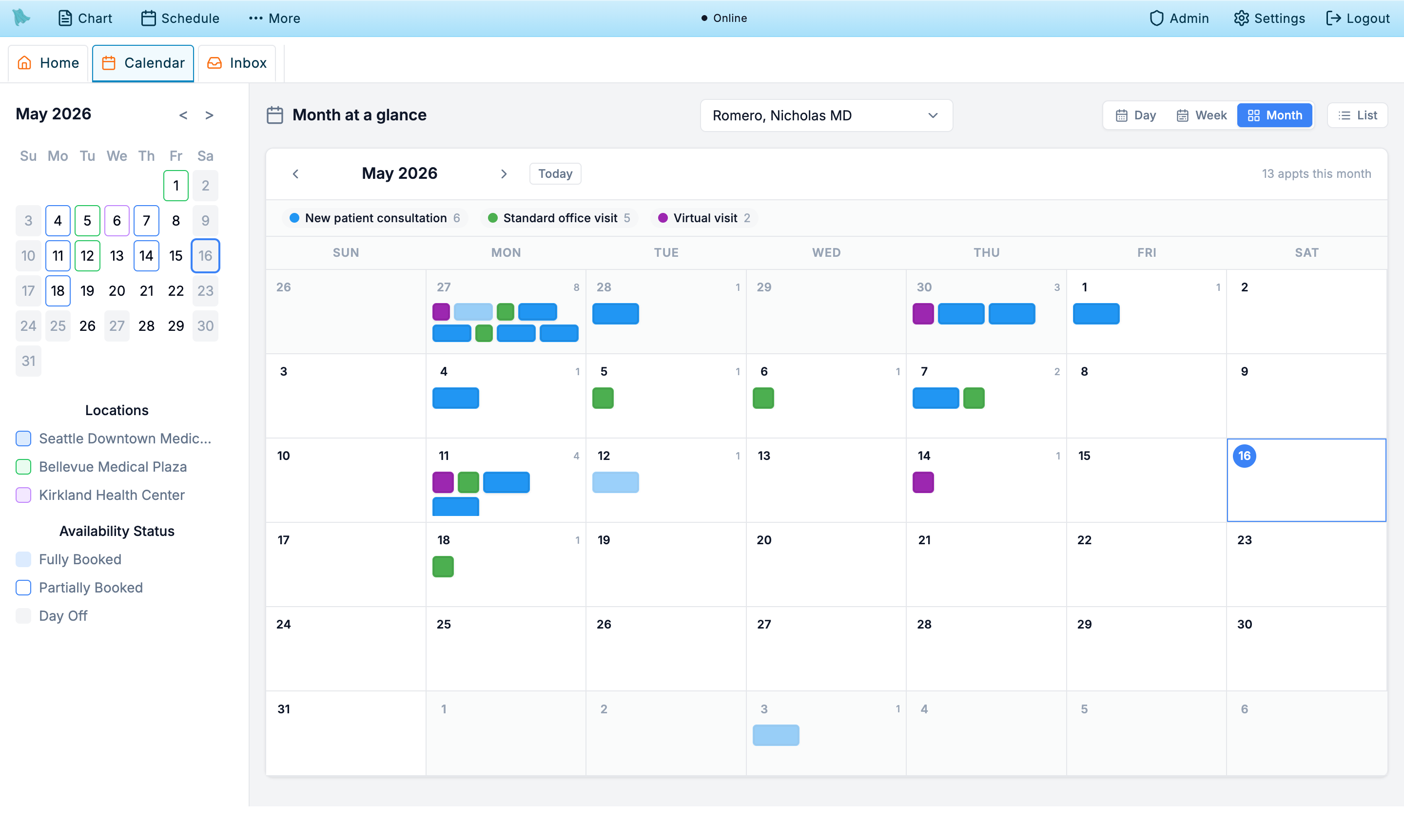 Calendar month view colored by availability — fully booked, partially booked, or day off