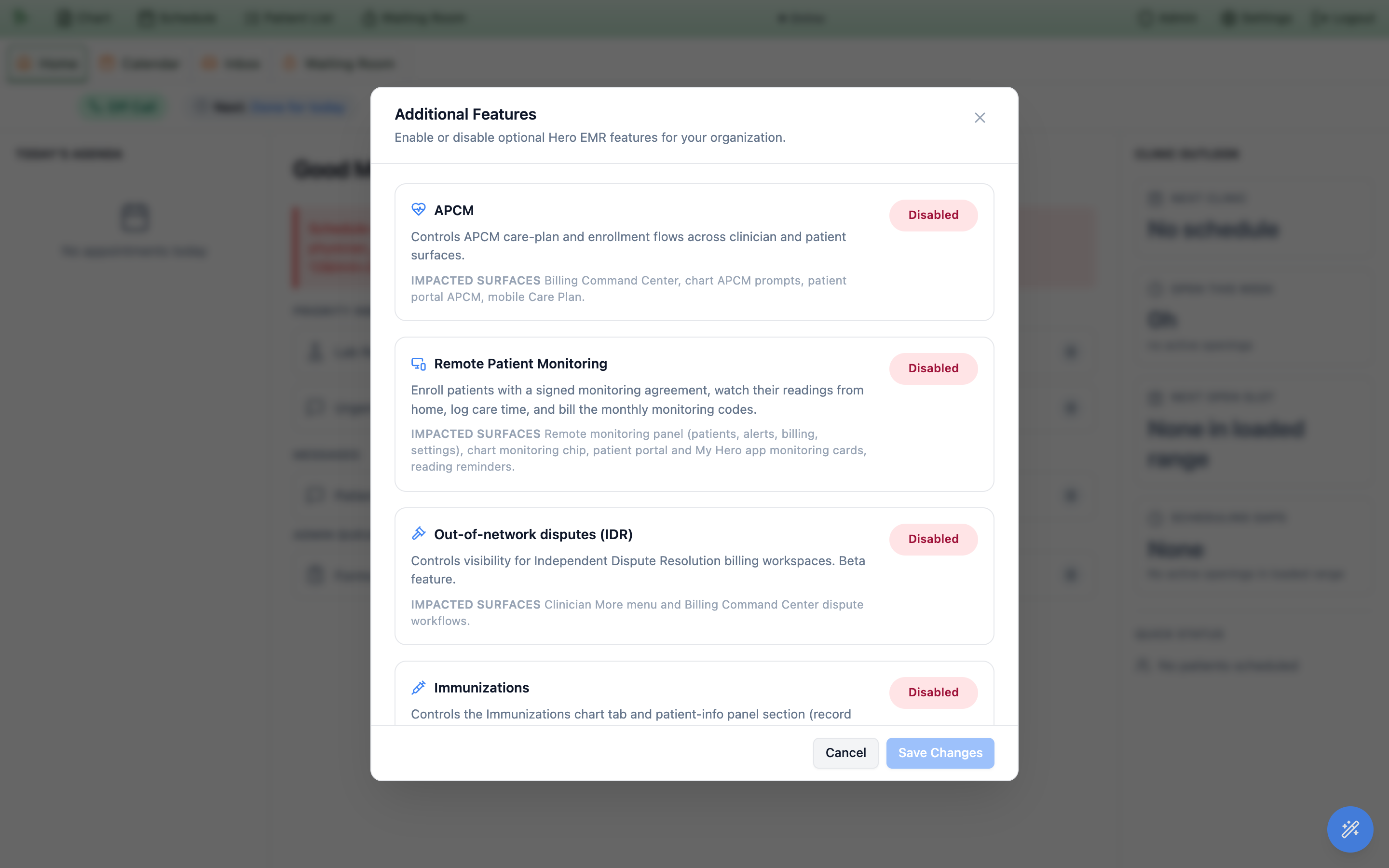 Additional Features dialog showing the Urgent Care and Walk-in card switched to Enabled