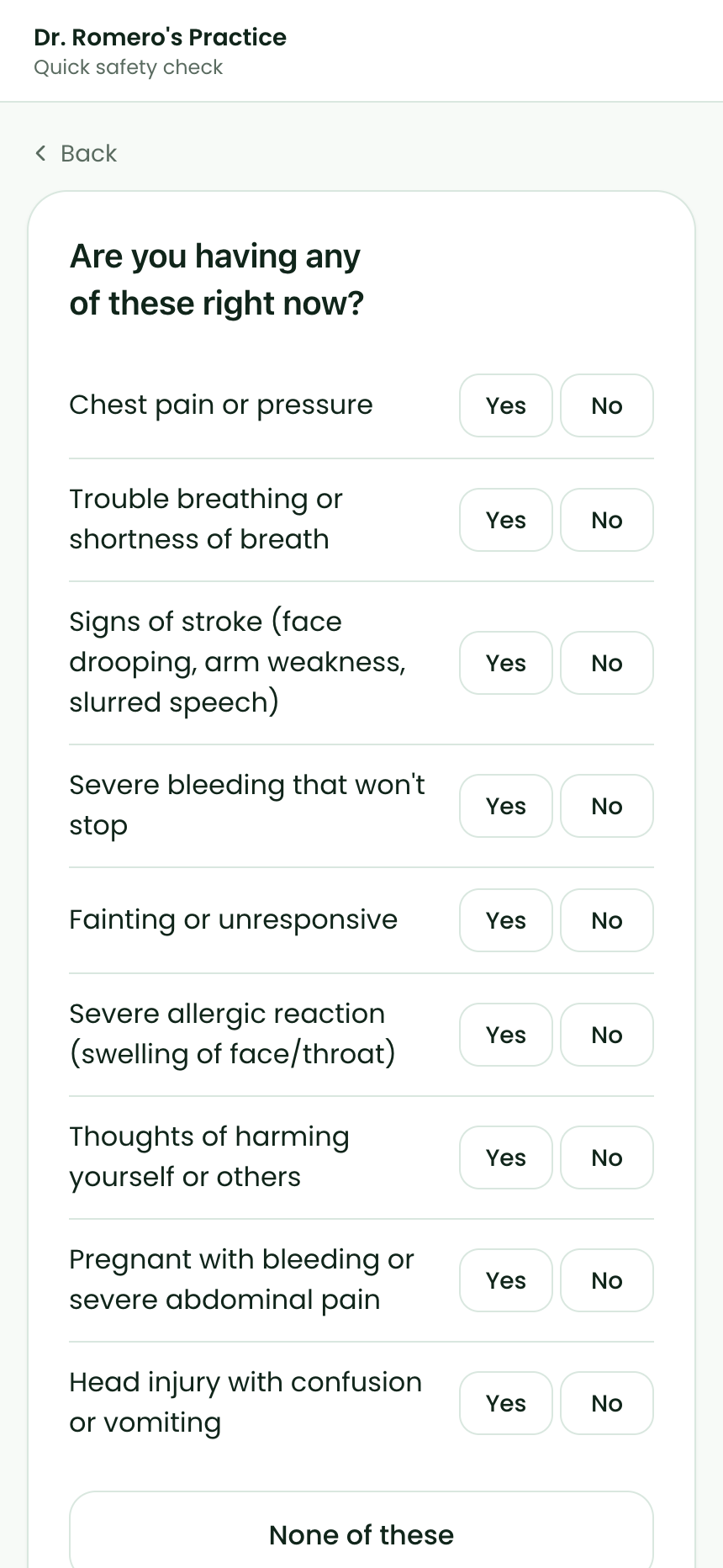 Walk-in safety check screen listing questions such as chest pain and trouble breathing with Yes and No buttons and a None of these button