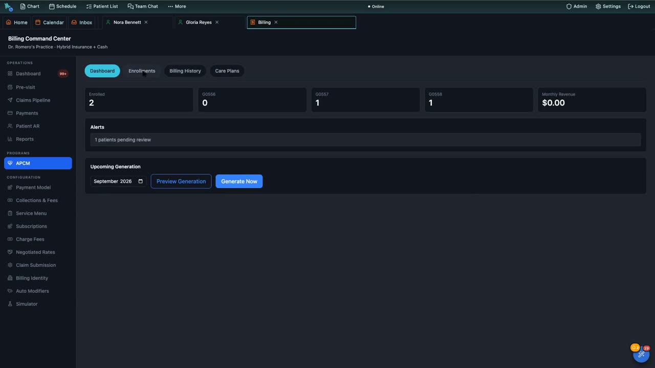 Hero EMR APCM program dashboard with enrolled Medicare patients and care levels