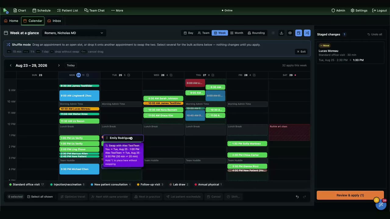 Hero EMR calendar in Shuffle mode with staged appointment changes