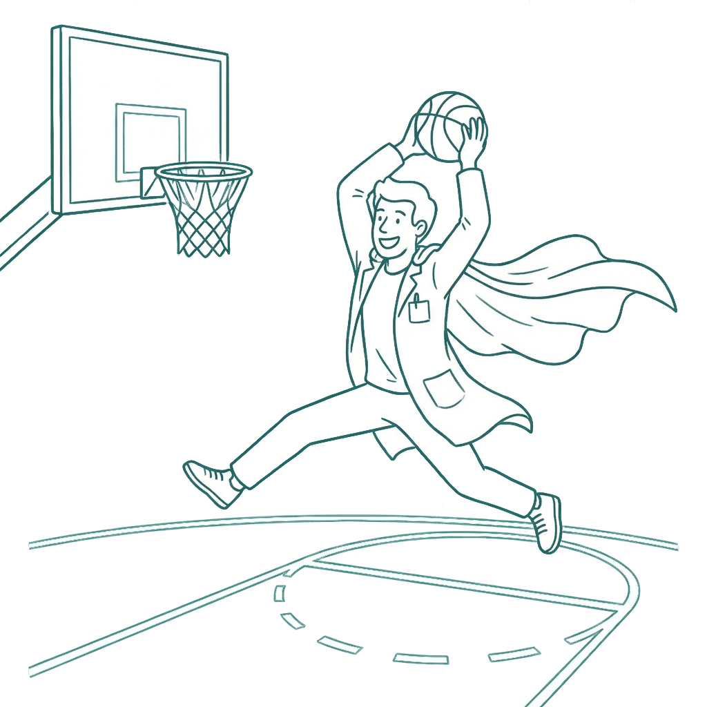 Hero doctor dunking a basketball with a cape